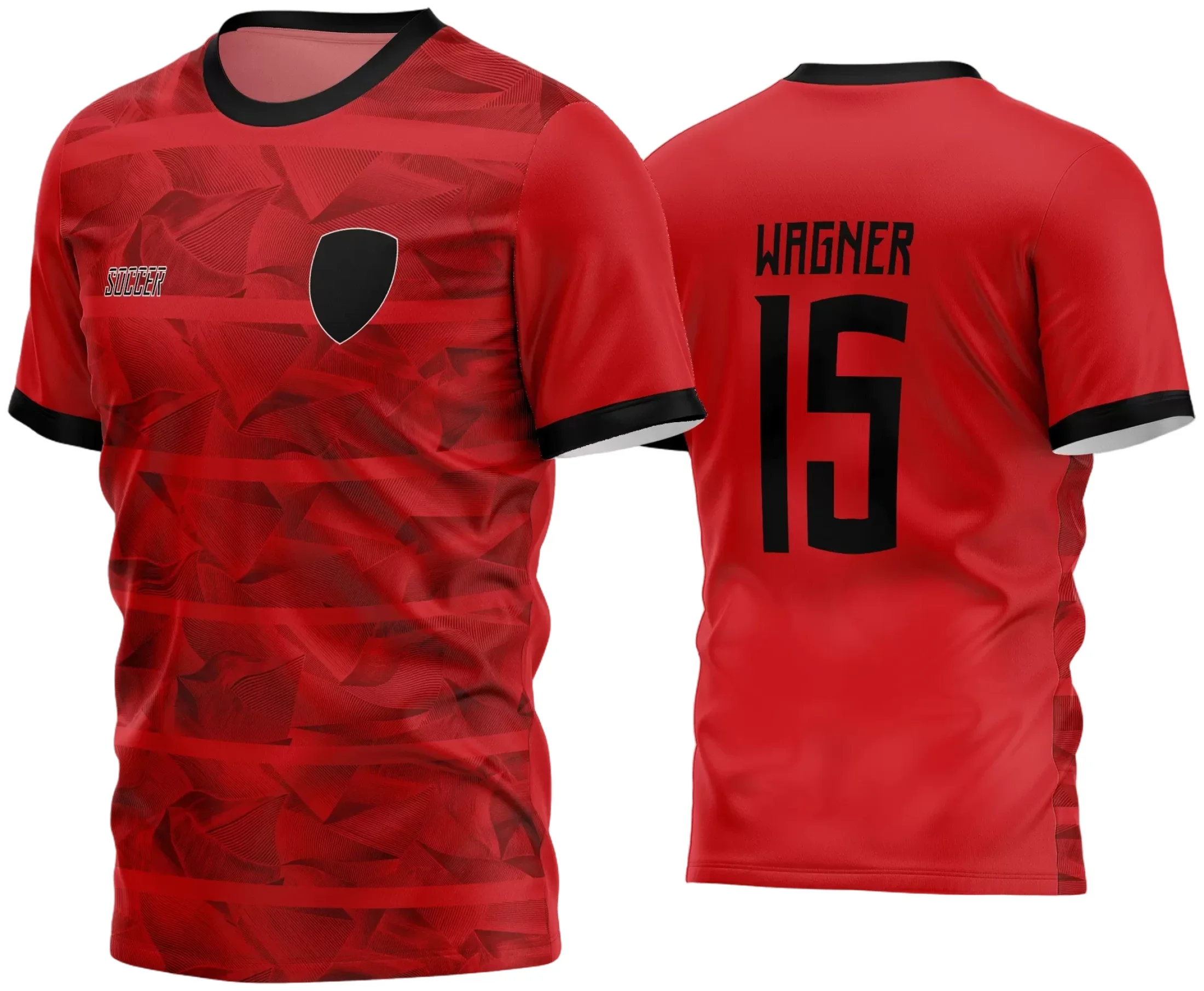 Foto da camisa de futebol amador com logo no peito e estampa grande nas costas, destaque para o design moderno e cores vibrantes que valorizam o time em campo.