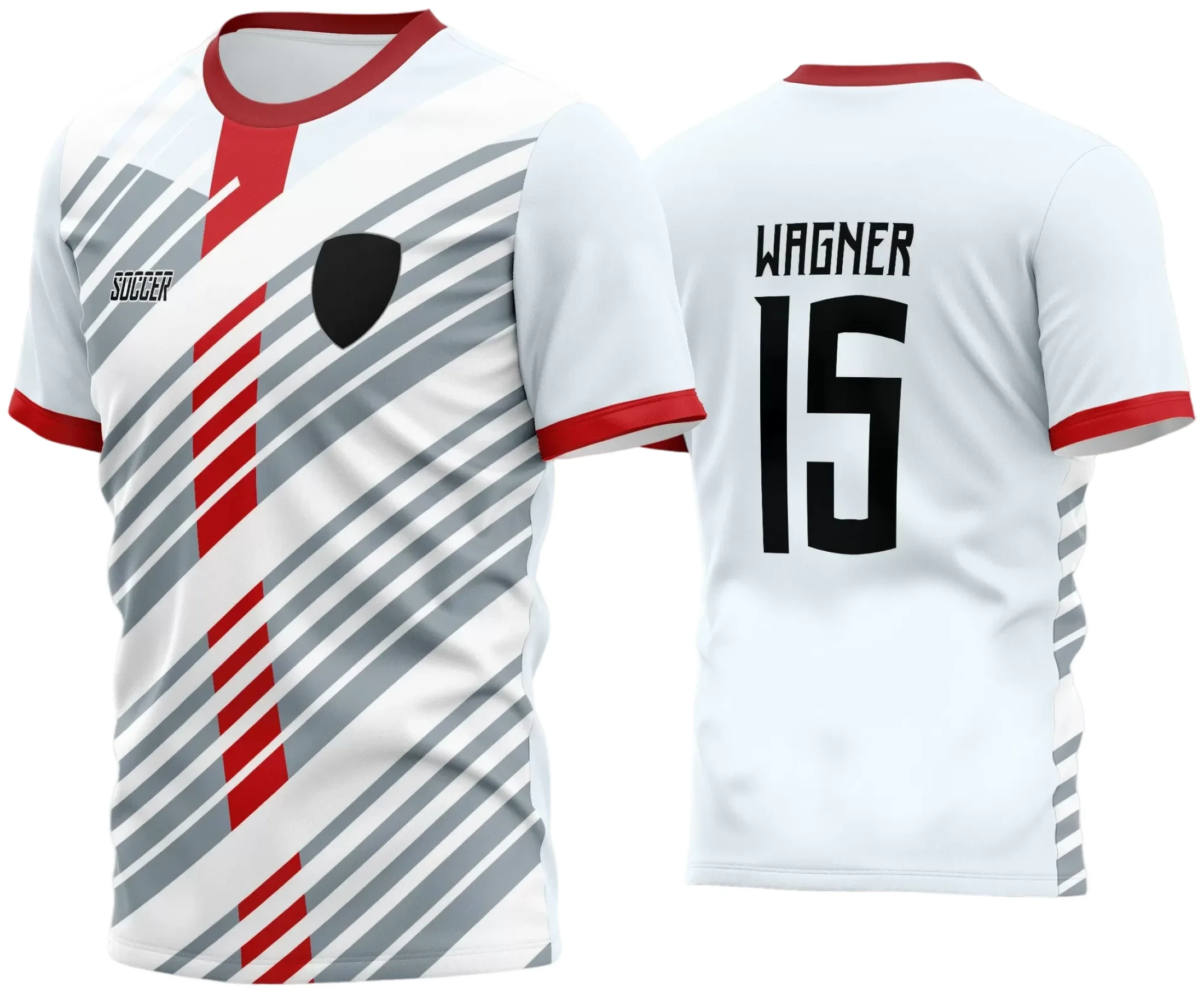 Camisa de futebol amador com logo no peito em destaque e estampa grande nas costas, apresentando design moderno e estilo único para times de futebol amador em 2024.