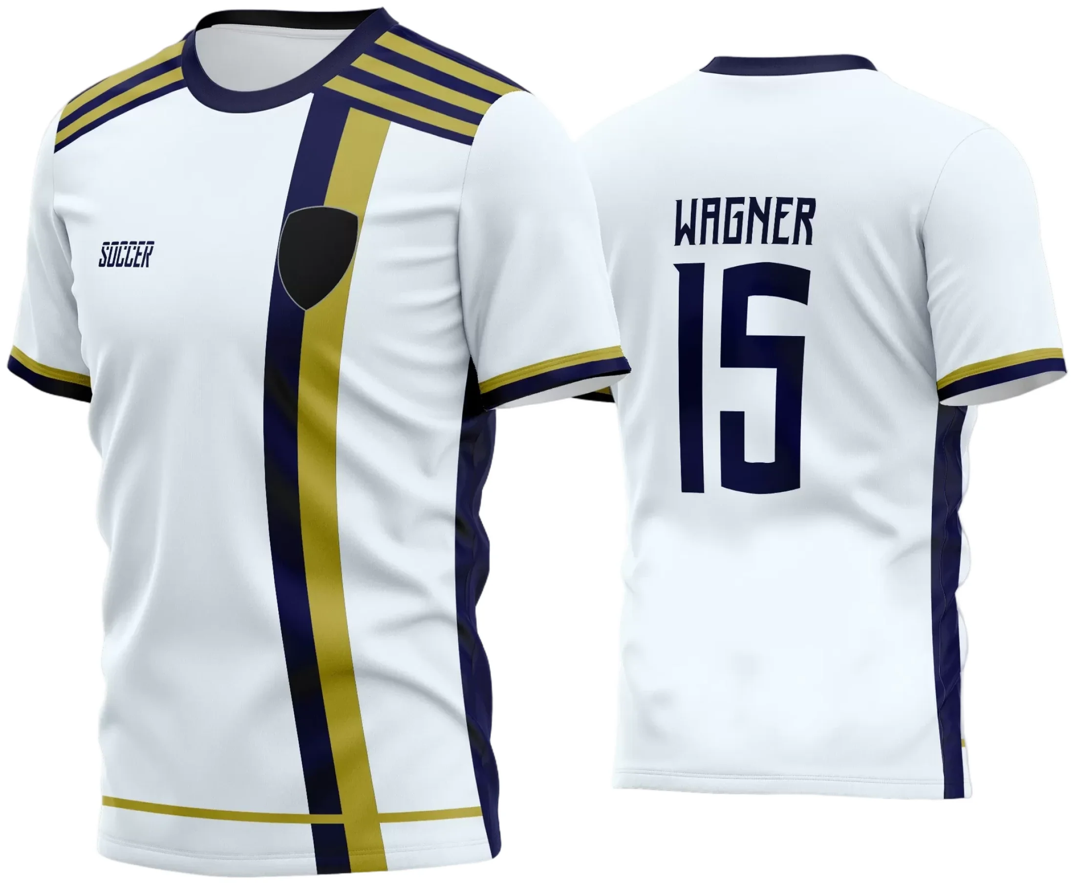 Camisa de futebol amador com logo no peito e estampa grande nas costas em destaque, exibindo um design moderno e vibrante ideal para times amadores de futebol.