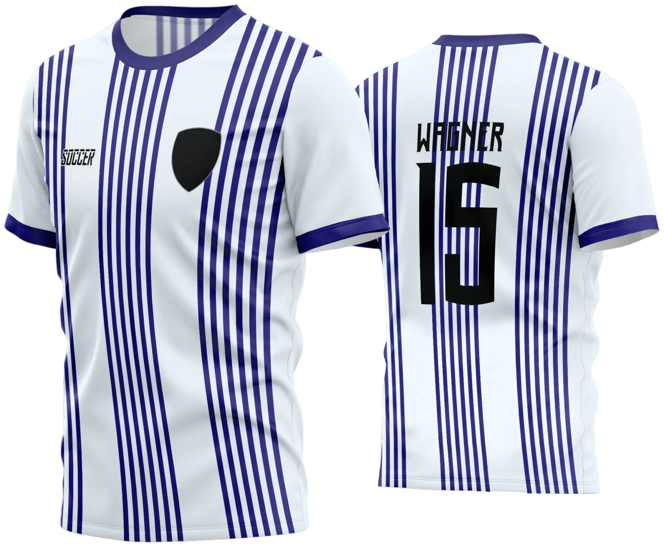 Camisa de futebol amador com logo no peito e estampa grande nas costas em cores vibrantes, ideal para times que buscam destaque e identidade visual única em campo.