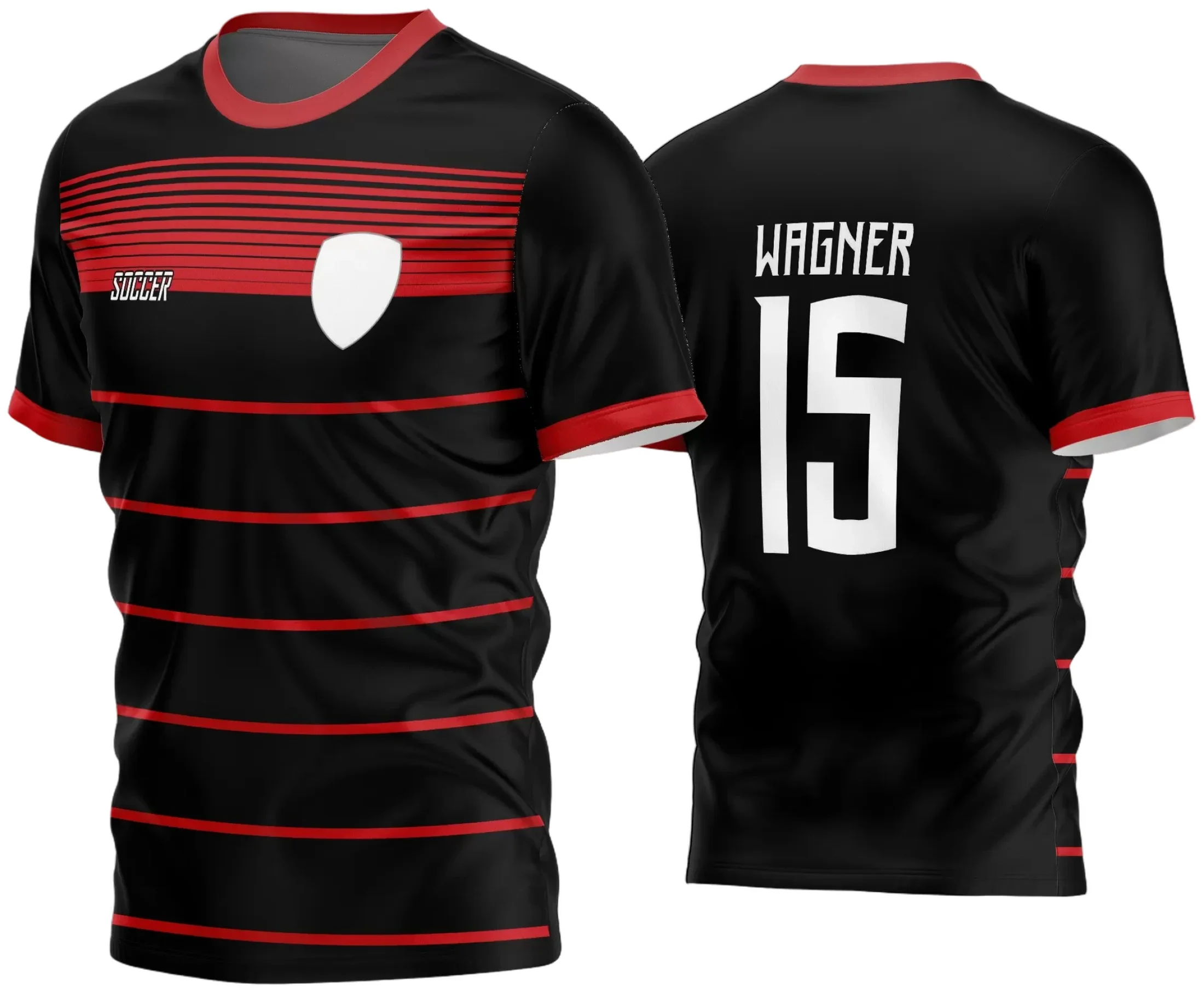 Camisa de futebol amador com logo no peito em destaque e estampa grande nas costas mostrando detalhes vibrantes e design moderno, perfeita para times que buscam estilo e personalidade dentro de campo