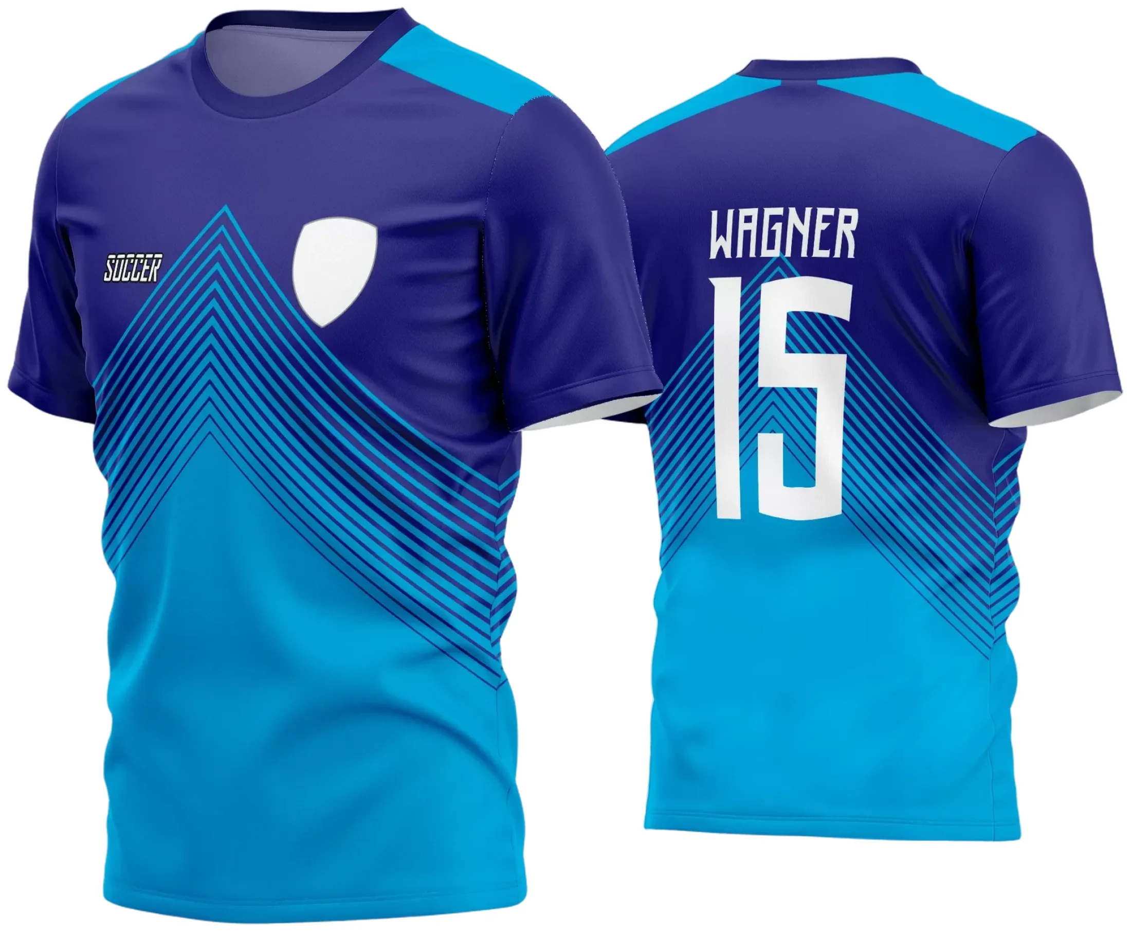 Camisa de futebol amador com logo no peito e estampa grande nas costas, perfeita para time com design moderno e esportivo, cores vibrantes e aparência profissional