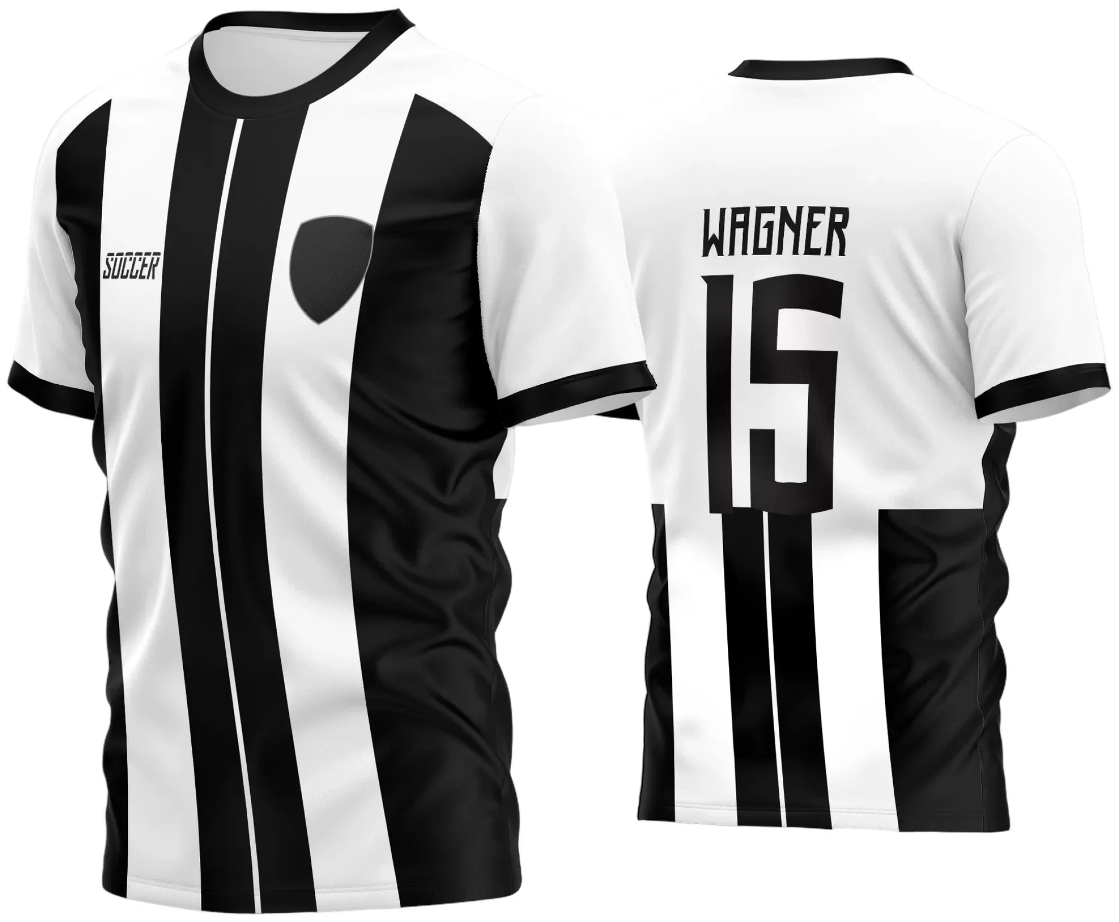 Camisa de futebol amador com logo no peito e estampa grande nas costas em destaque, mostrando design moderno e cores vibrantes que valorizam o time em campo