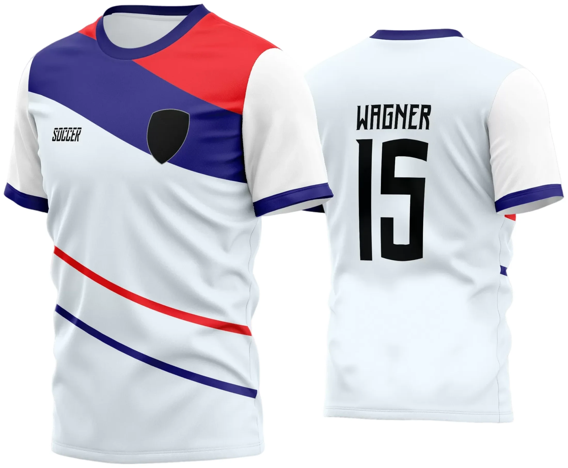 Camisa de futebol amador com logo no peito e estampa grande nas costas em cores vibrantes e design moderno, ideal para times que buscam estilo e identidade em campo.