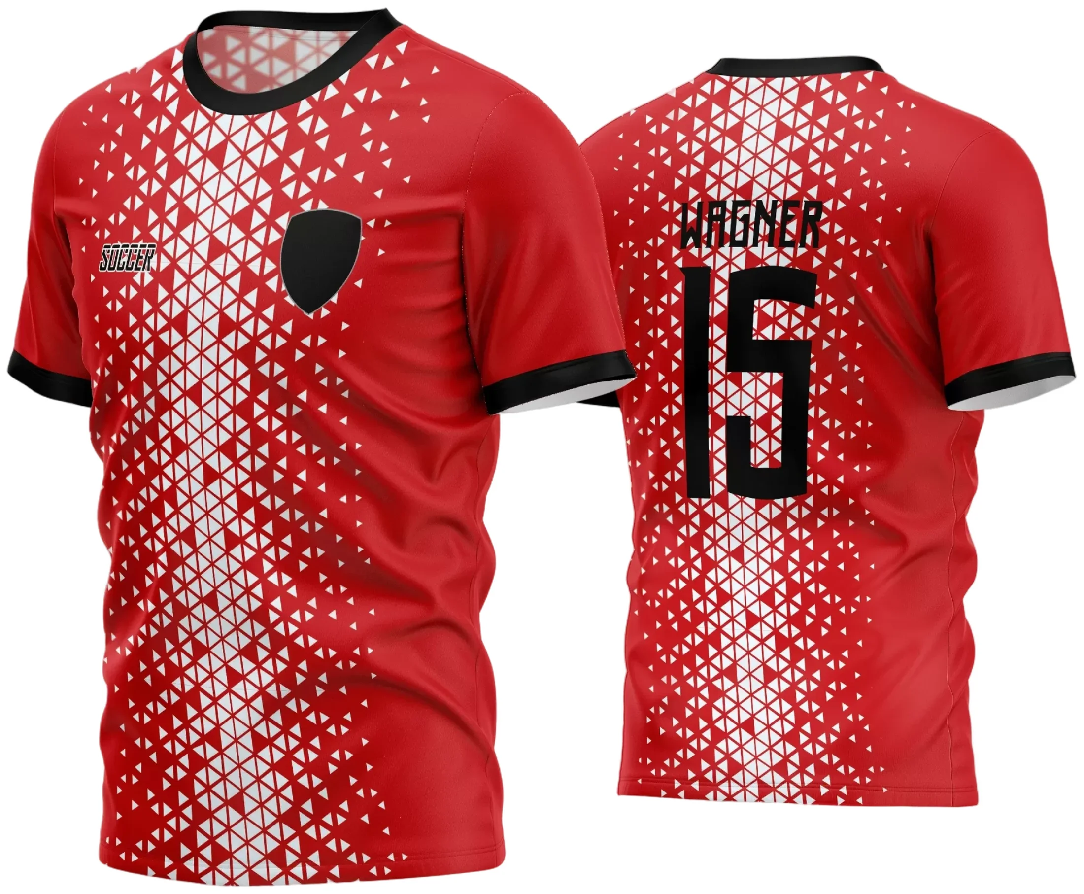 Camisa com logo no peito e uma estampa grande nas costas exibindo o design único para time amador de futebol, com cores vibrantes e detalhes que destacam a identidade do grupo.