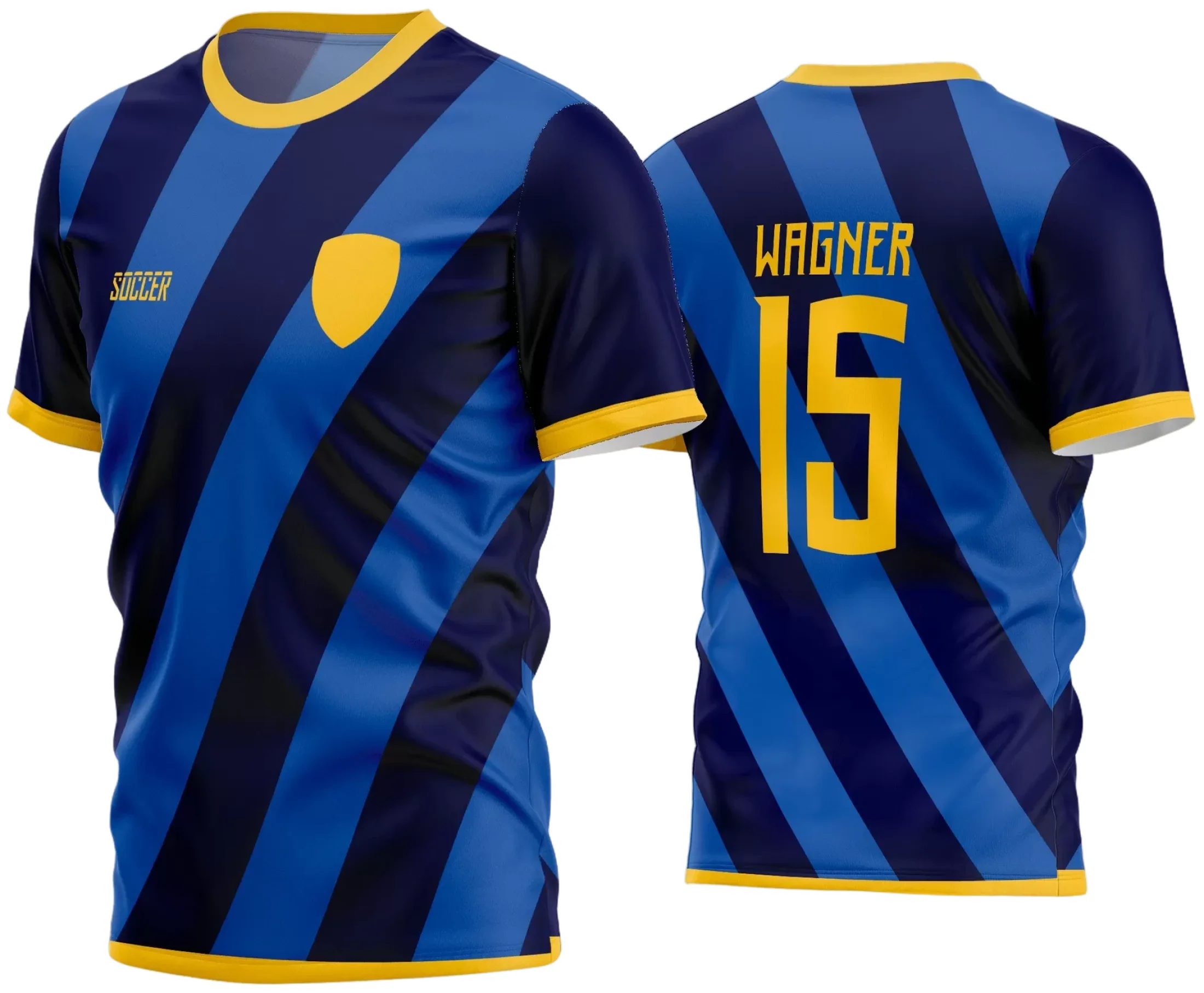 Camisa de futebol com logo no peito e estampa grande nas costas, ideal para times amadores que buscam uniformes personalizados e modernos para a temporada 2024.