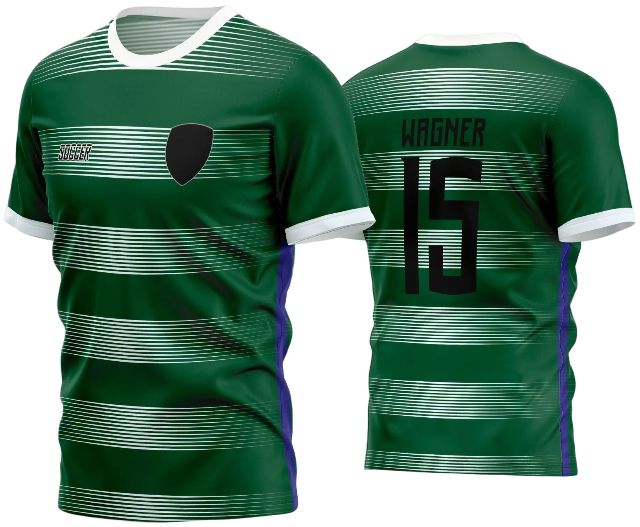 Camisa esportiva com logo no peito destacando o time amador e estampa grande nas costas que cobre toda a região superior, com design vibrante para partidas de futebol amador.