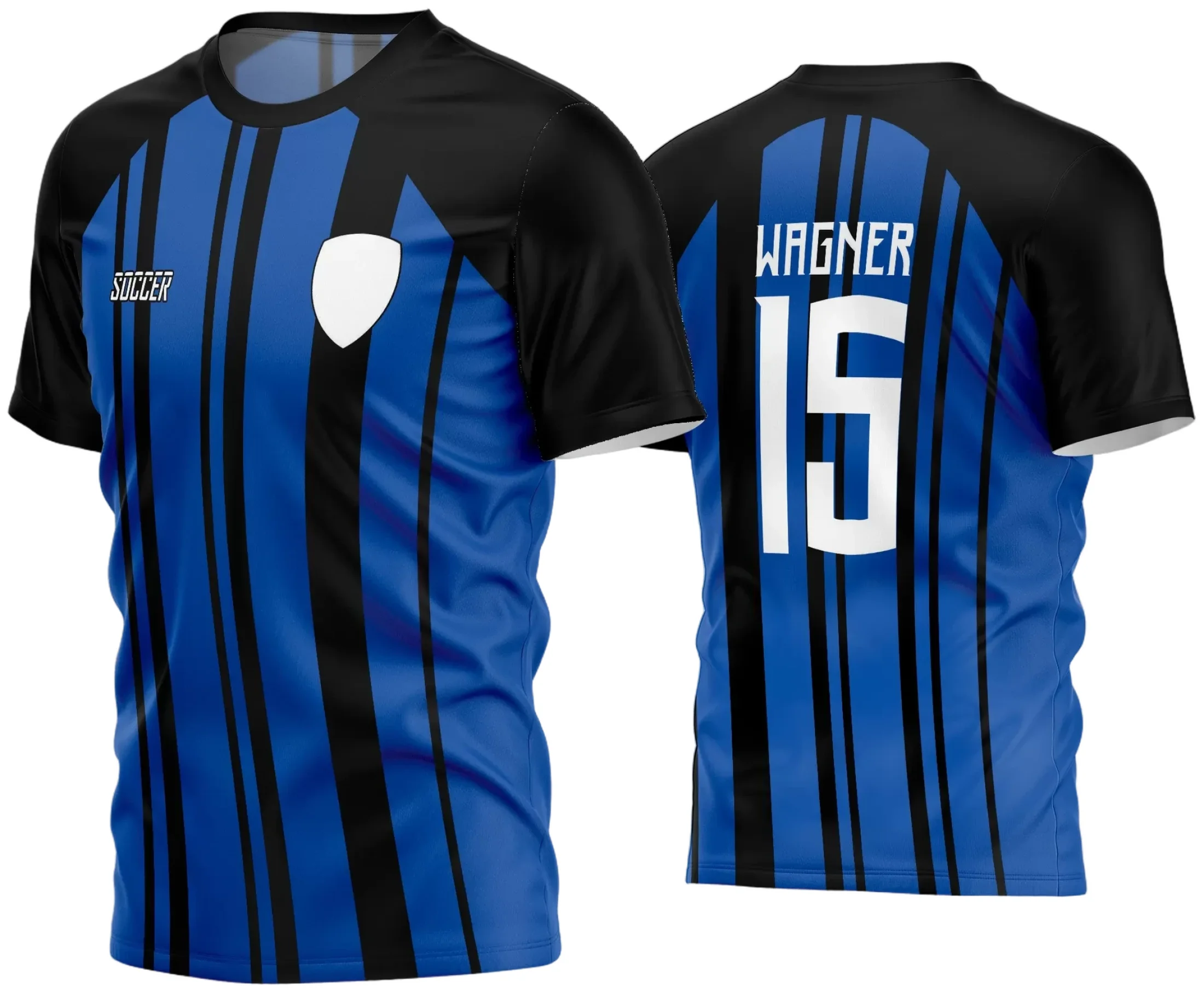 Camisa de futebol amador com logo no peito e estampa grande nas costas, exibindo design moderno e cores vibrantes que destacam a equipe em campo com estilo e personalidade marcante.