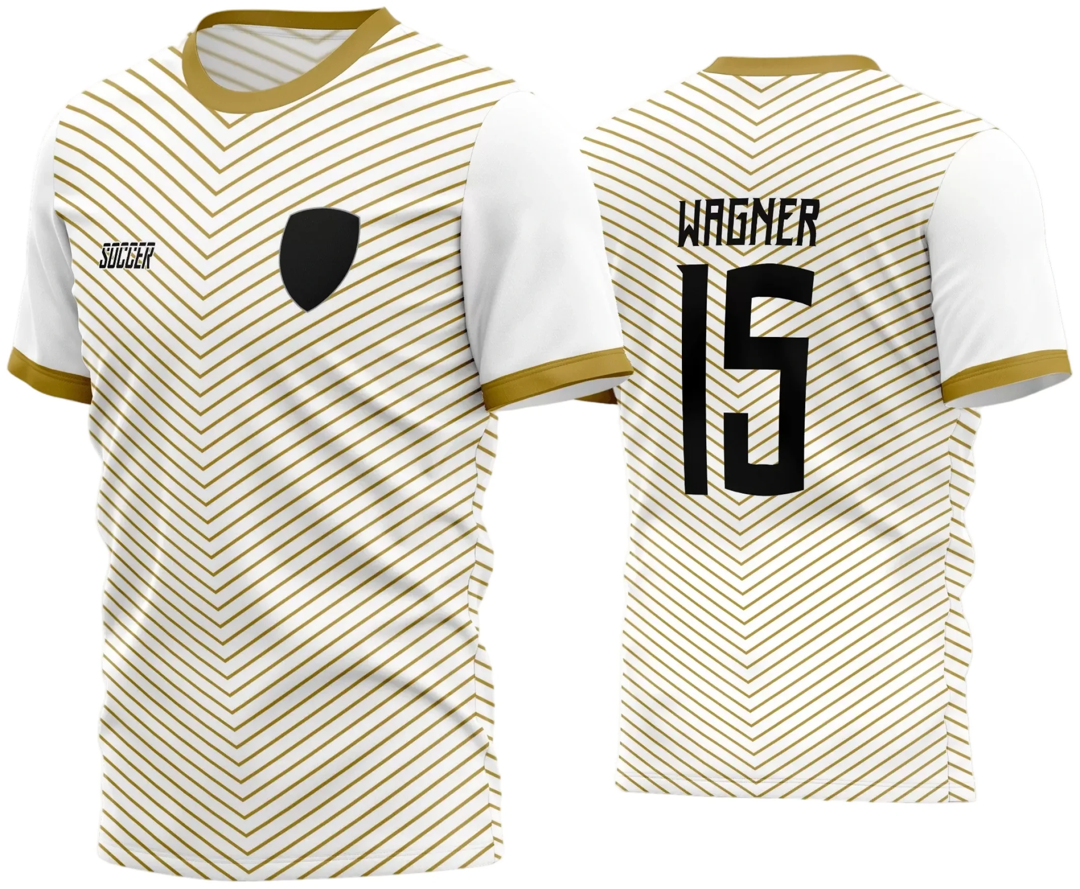 Camisa de futebol amador com logo no peito e estampa grande nas costas, mostrando design arrojado e cores vibrantes que destacam a identidade da equipe para a temporada 2024.