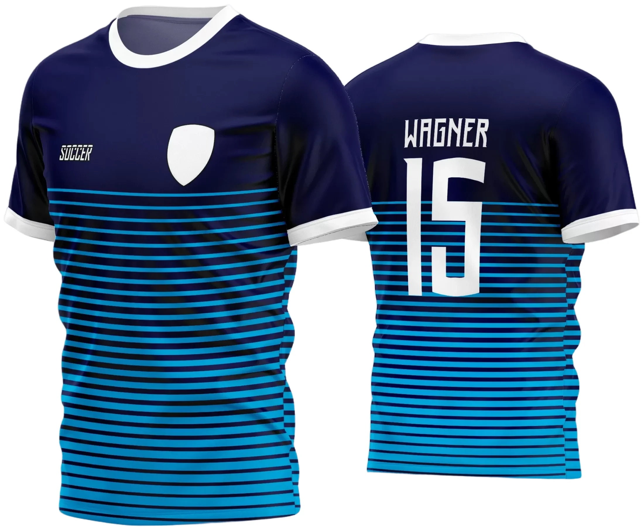 Camisa de futebol com logo no peito e estampa grande nas costas destacando o estilo do time amador em jogo vibrante, perfeita para uniformizar a equipe com personalidade e conforto visual