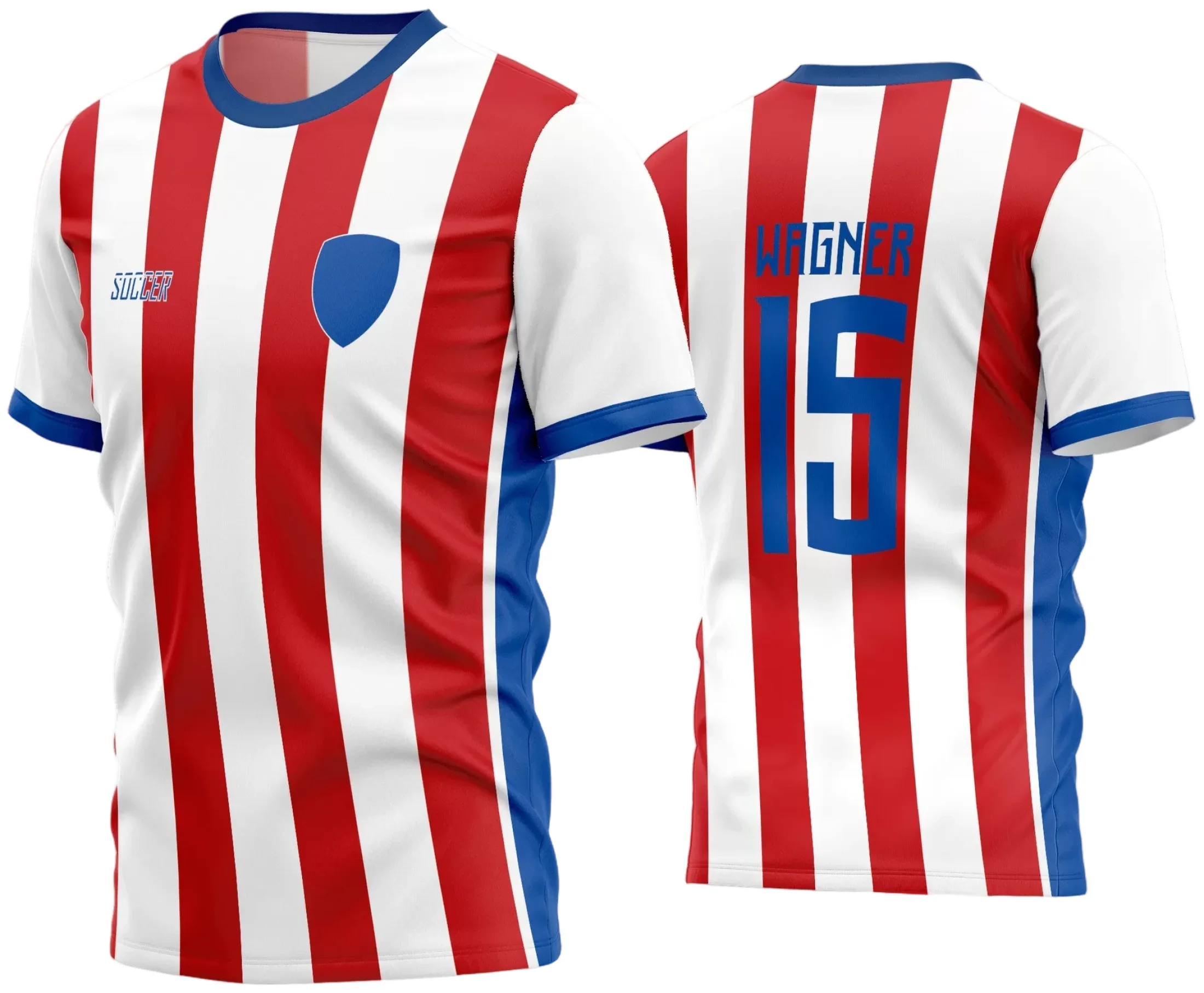 Camisa de futebol amador com logo no peito e estampa grande nas costas, design moderno e vibrante em cores contrastantes, ideal para times que buscam personalidade e estilo em campo.