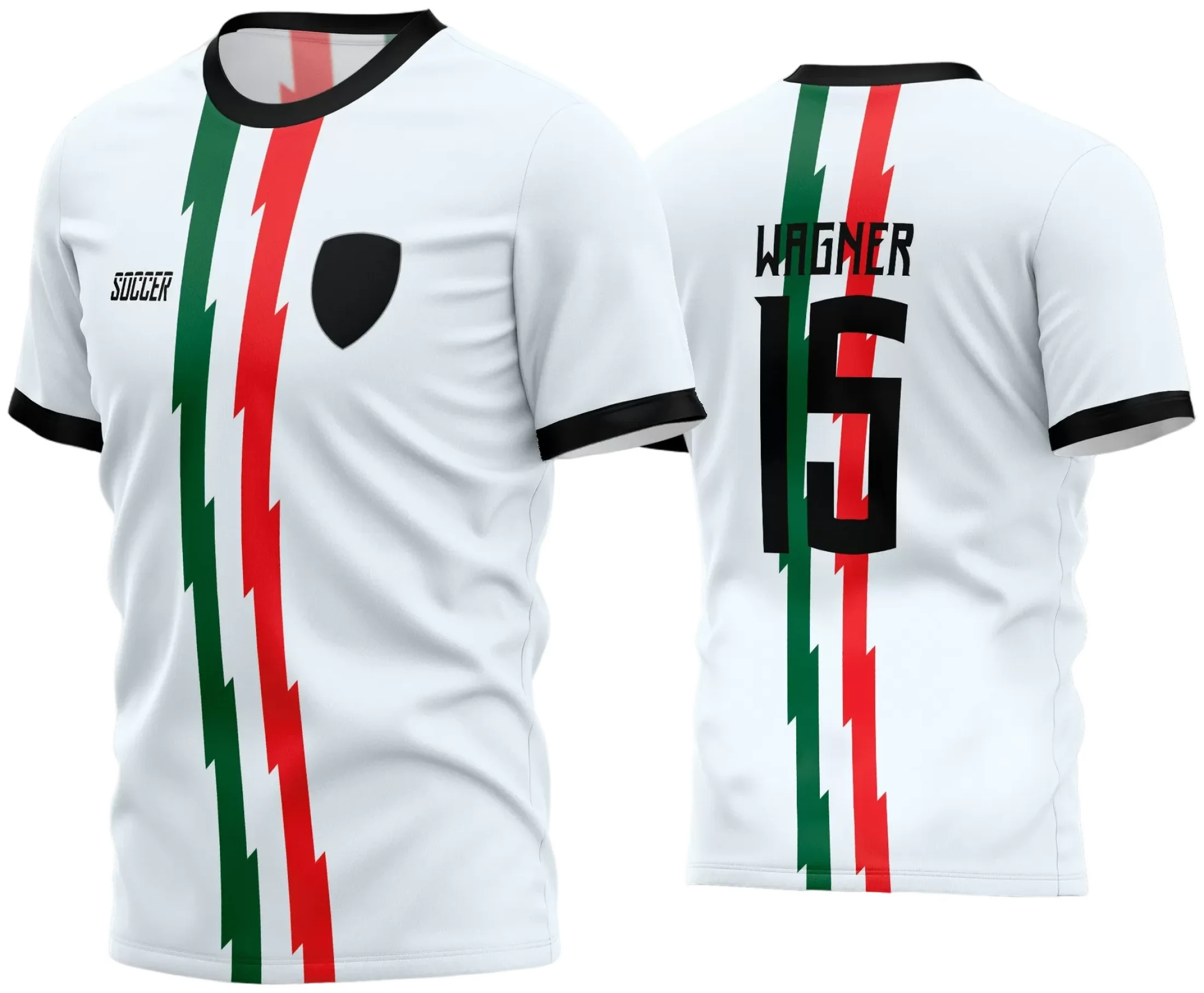 Camisa de futebol amador com logo no peito e estampa grande nas costas, destacando um visual moderno e esportivo perfeito para equipes amadoras em 2024.