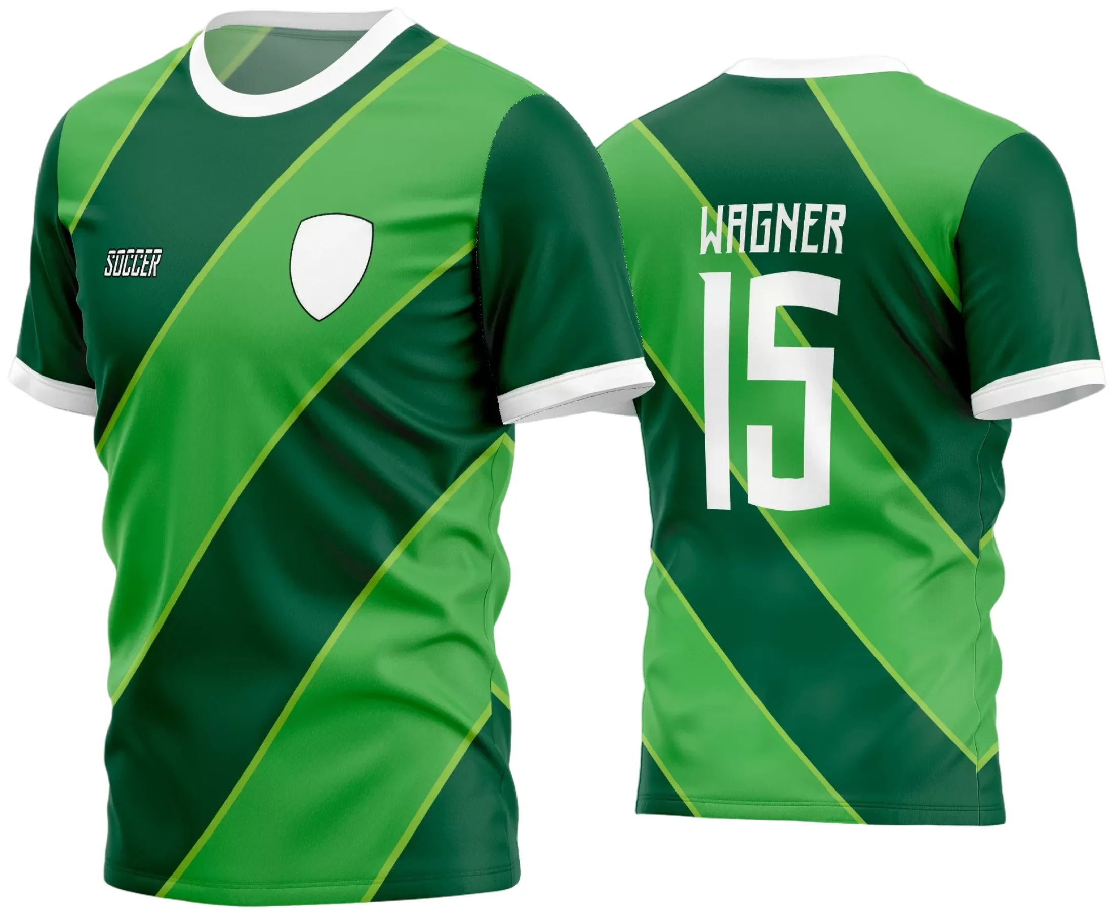 Camisa de futebol amador com logo no peito e estampa grande nas costas, destacando cores vibrantes e design moderno para partidas com estilo e identidade.