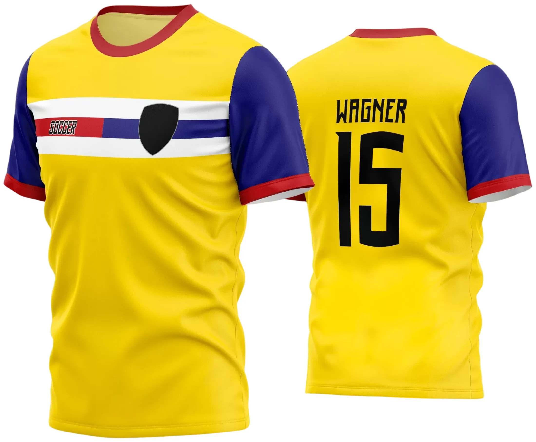 Camisa de futebol com logo no peito bem destacado e estampa grande nas costas, mostrando design moderno e vibrante que representa a paixão pelo futebol amador.