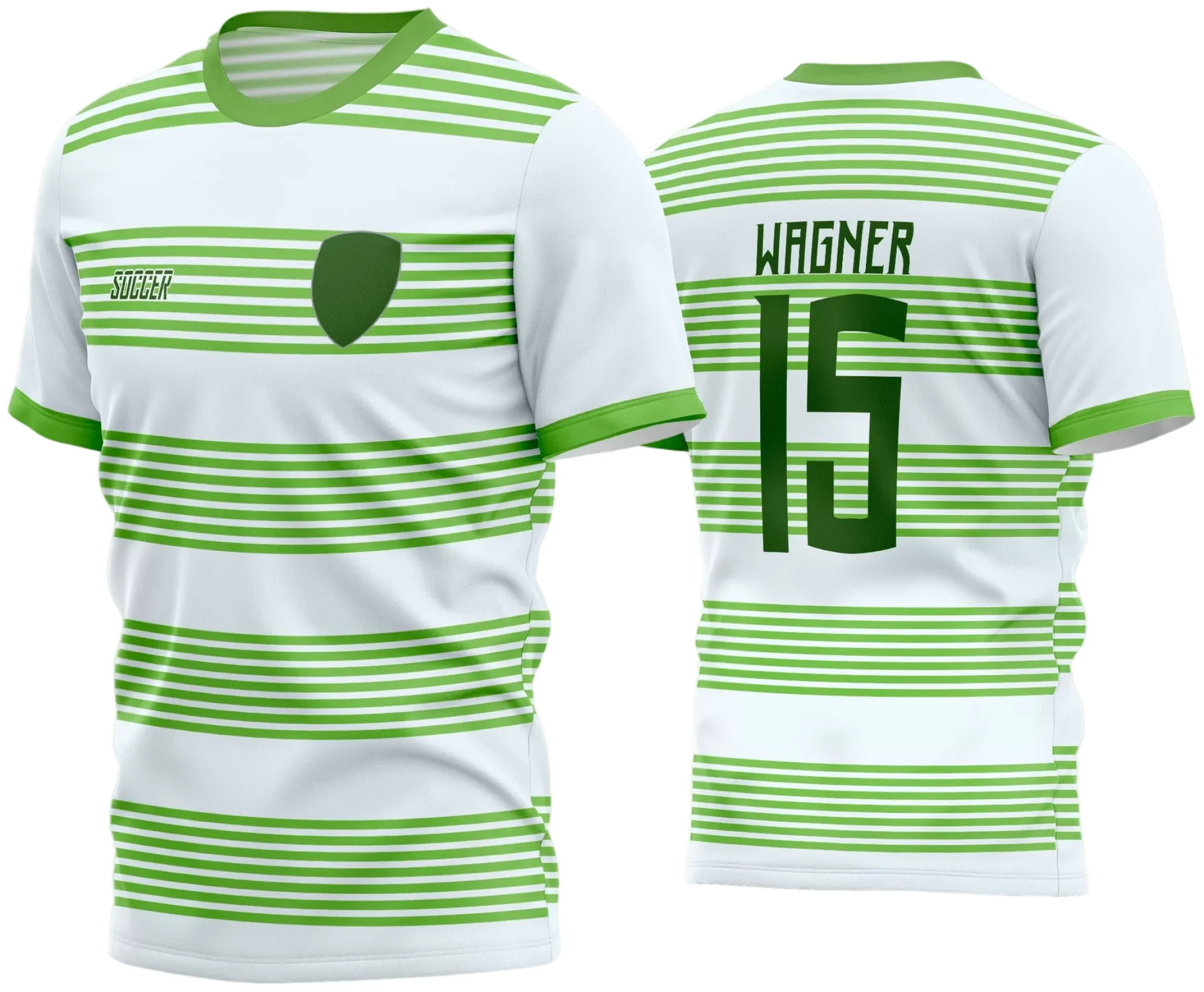 Camisa de futebol amador com logo no peito e estampa grande nas costas, perfeita para times que buscam identidade marcante nas partidas com estilo dinâmico e esportivo.