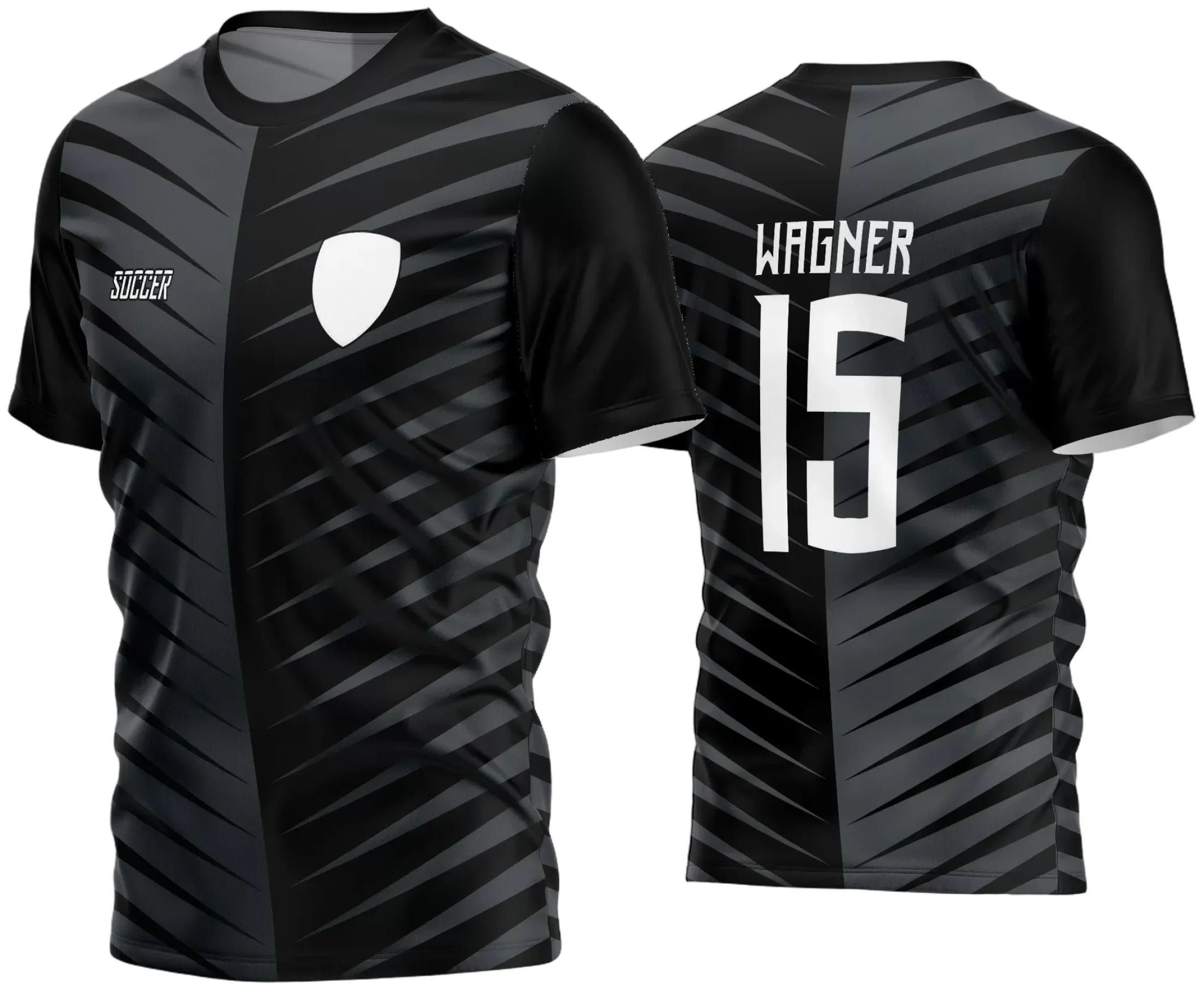 Camisa de futebol amador com logo no peito e estampa grande nas costas em design moderno e clean, perfeita para times amadores com identidade marcante e visual exclusivo para 2024.