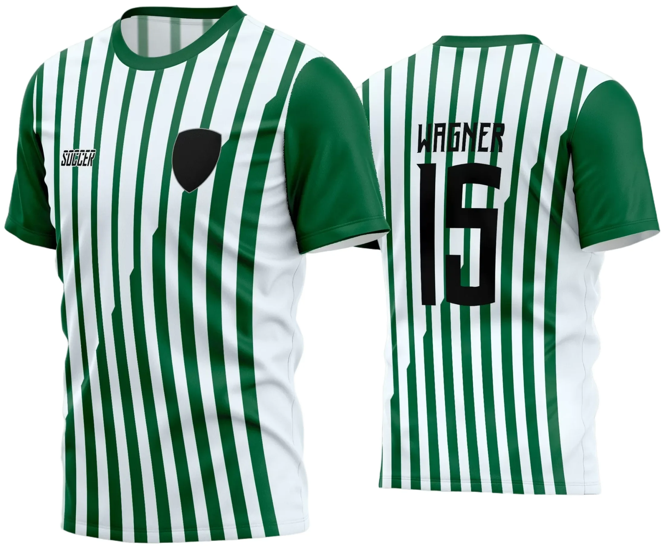 Camisa de futebol amador com logo no peito e estampa grande nas costas exibindo design esportivo moderno e vibrante, ideal para equipes em jogos e treinos.