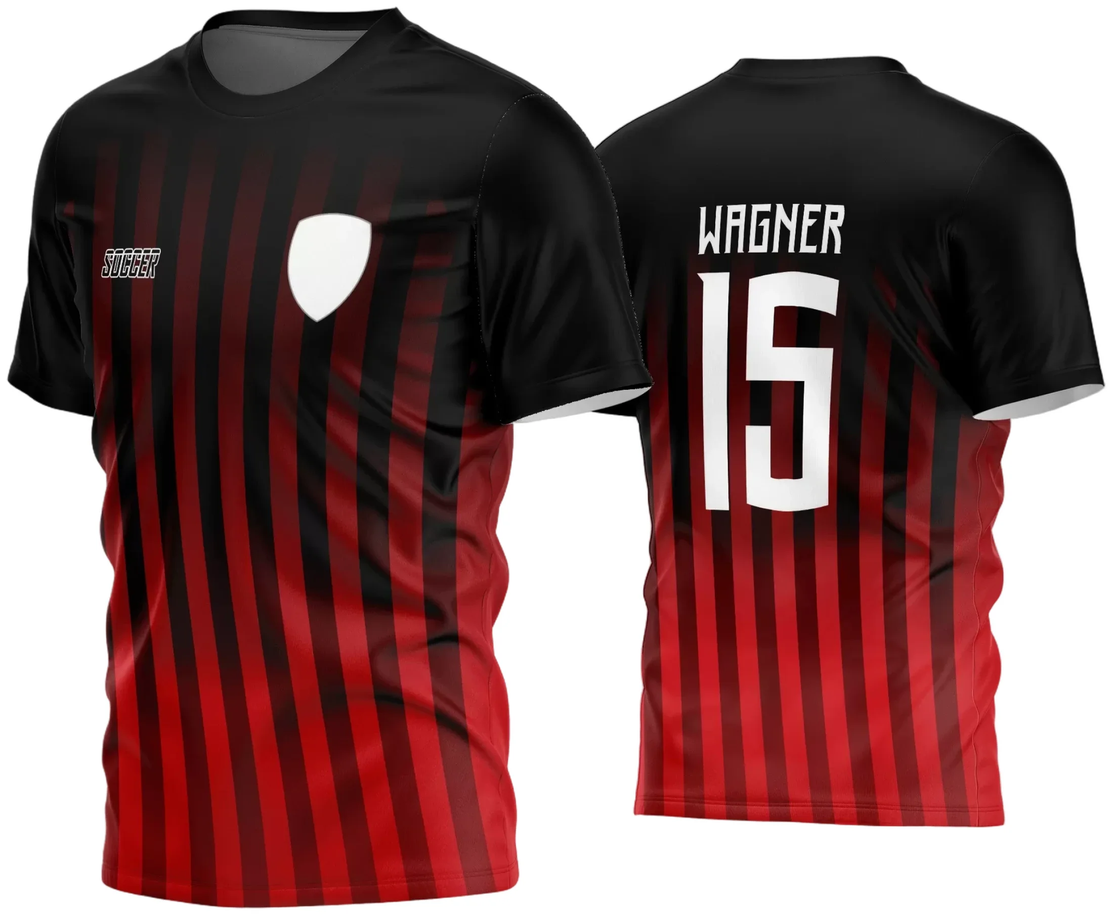 Camisa de futebol amador com logo no peito e estampa grande nas costas, em design moderno e atrativo, perfeita para times que buscam estilo e identidade em campo