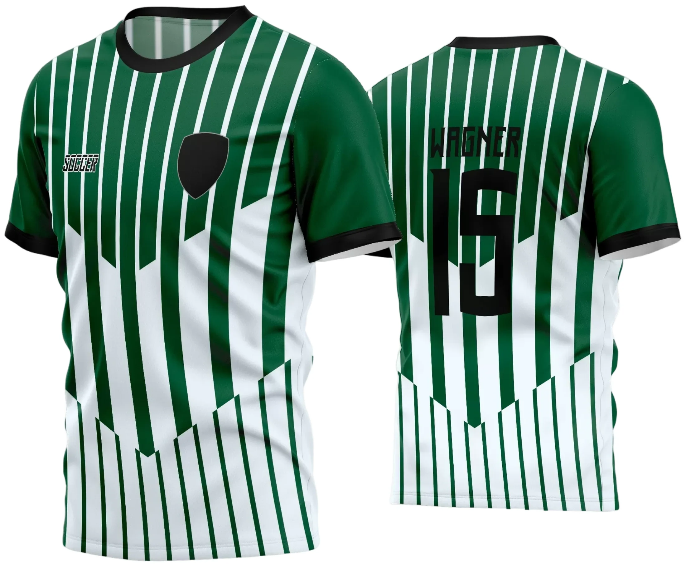 Camisa de futebol amador com logo no peito e estampa grande nas costas em cores vibrantes, perfeita para times que buscam visual moderno e marcante em campo.
