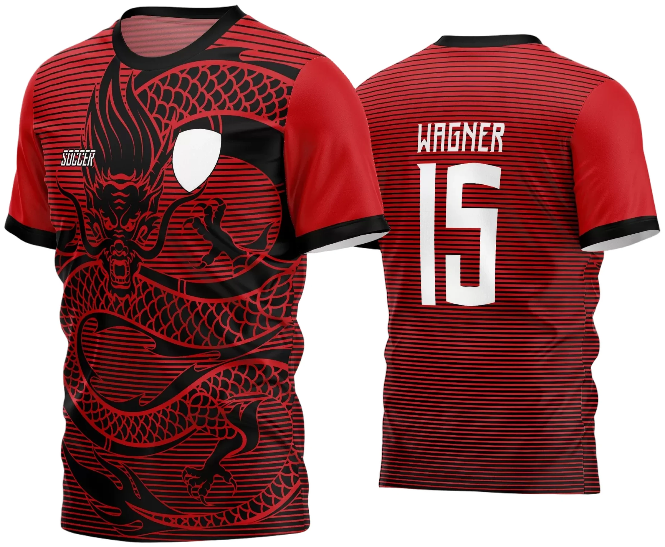 Camisa de futebol amador com logo no peito e estampa grande nas costas, em cores vibrantes e design moderno, perfeita para equipes de futebol que buscam um visual único e profissional.