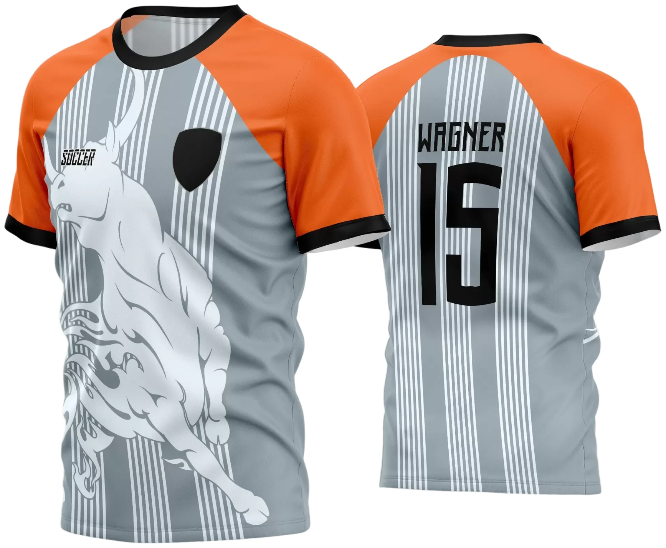 Foto da camisa de futebol amador com logo no peito e estampa grande nas costas, exibindo um design moderno e vibrante para times de futebol local.