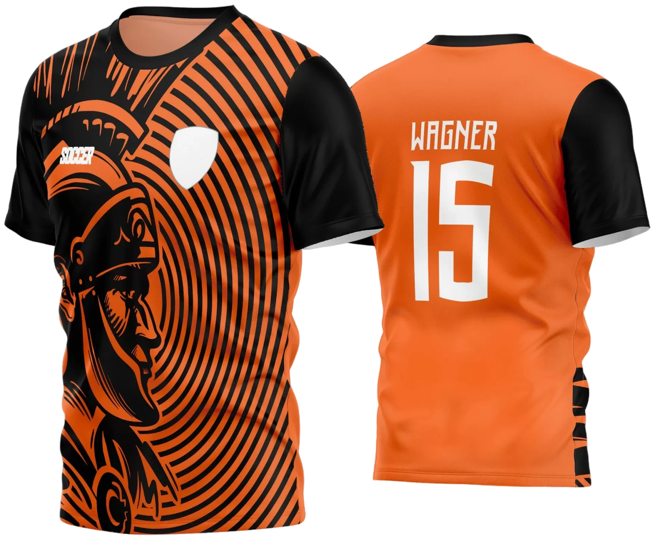 Camisa de futebol amador com logo no peito e estampa grande nas costas, apresentando cores vibrantes e design moderno ideal para equipes ou eventos esportivos.