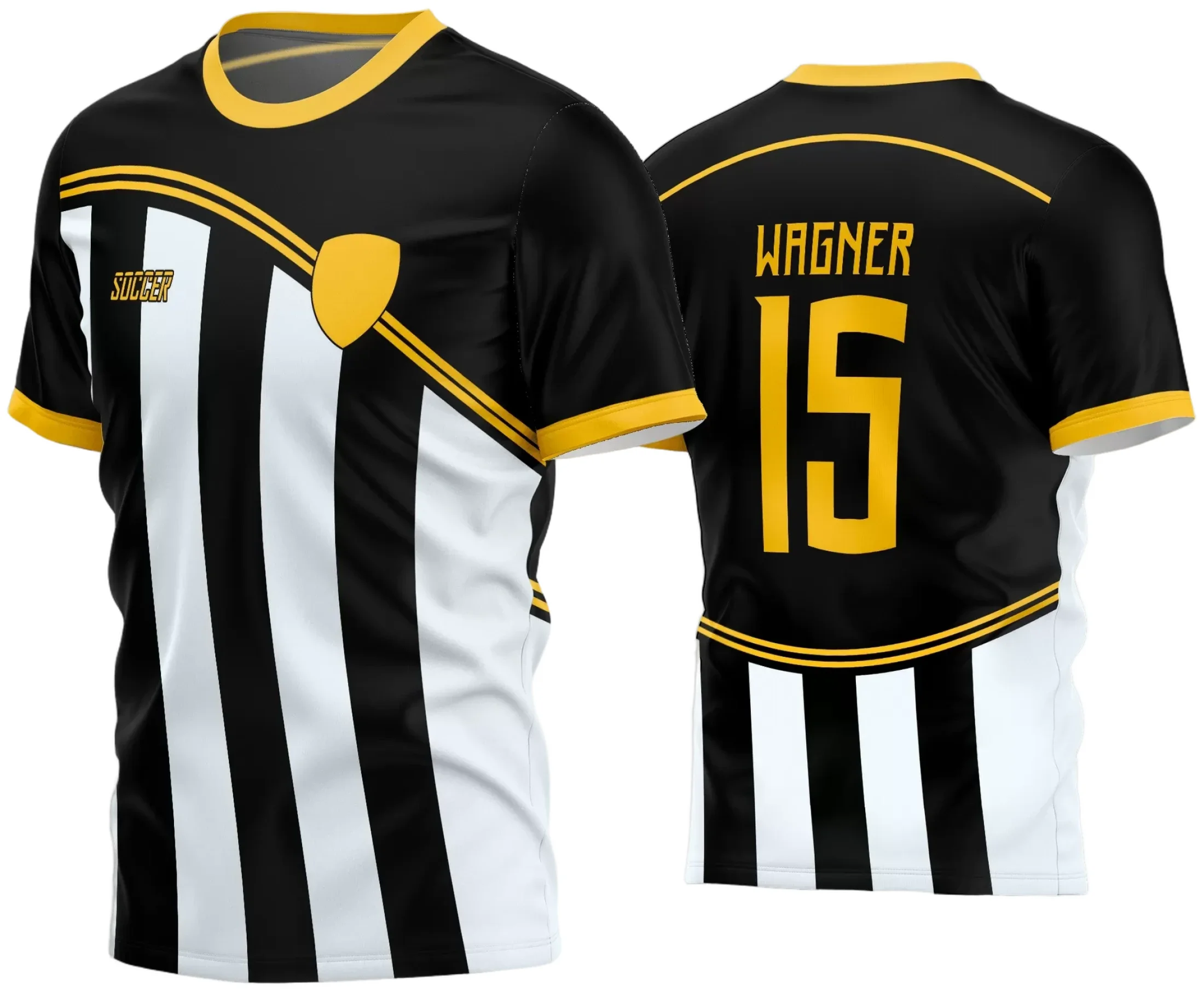 Foto da camisa de futebol amador com logo no peito e estampa grande nas costas, destacando cores vibrantes e estilo esportivo moderno para equipes de futebol amador.