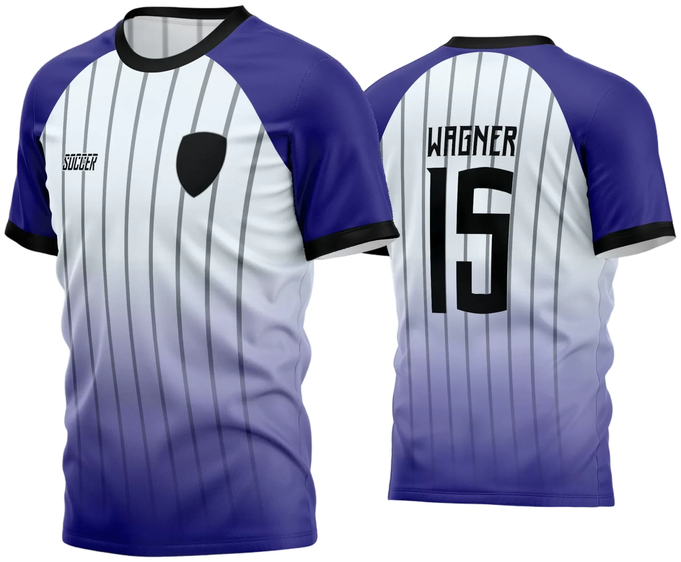 Camisa de futebol amador com logo no peito e estampa grande nas costas, apresentando design moderno e chamativo para equipes esportivas que buscam estilo e identidade visual para jogos e eventos.