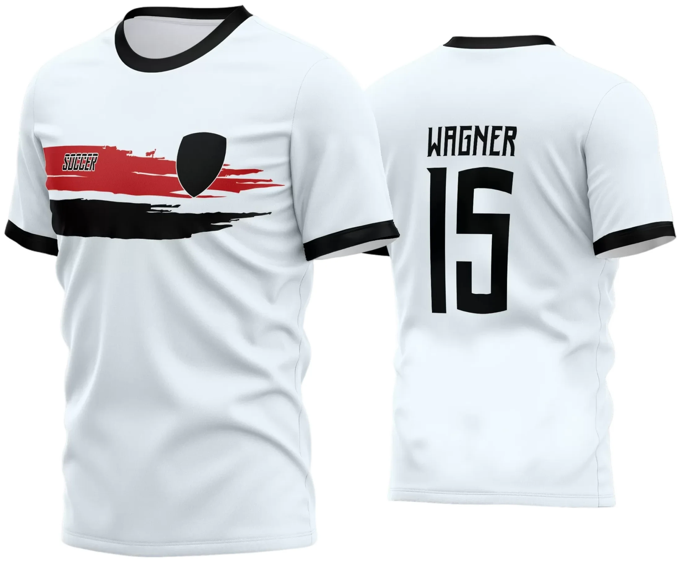 Camisa de futebol amador com logo no peito e estampa grande nas costas, ideal para equipes que buscam destaque em campo e estilo único durante os jogos.