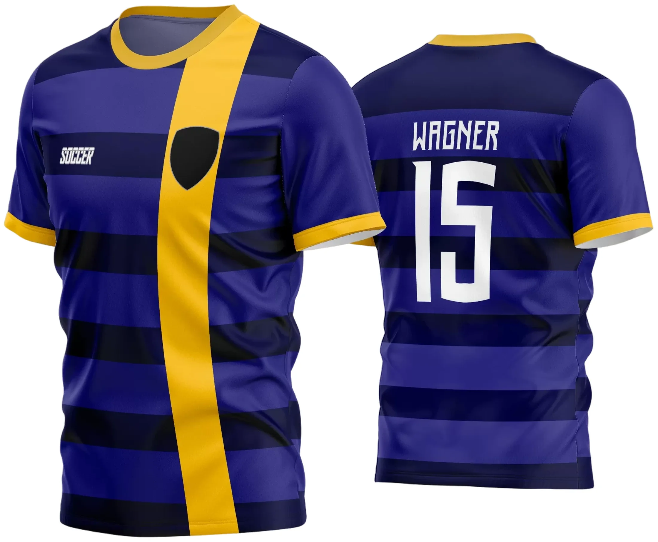 Camisa de time amador com logo no peito e estampa grande nas costas, perfeita para partidas de futebol com design moderno e cores vibrantes que destacam o time na quadra ou campo.