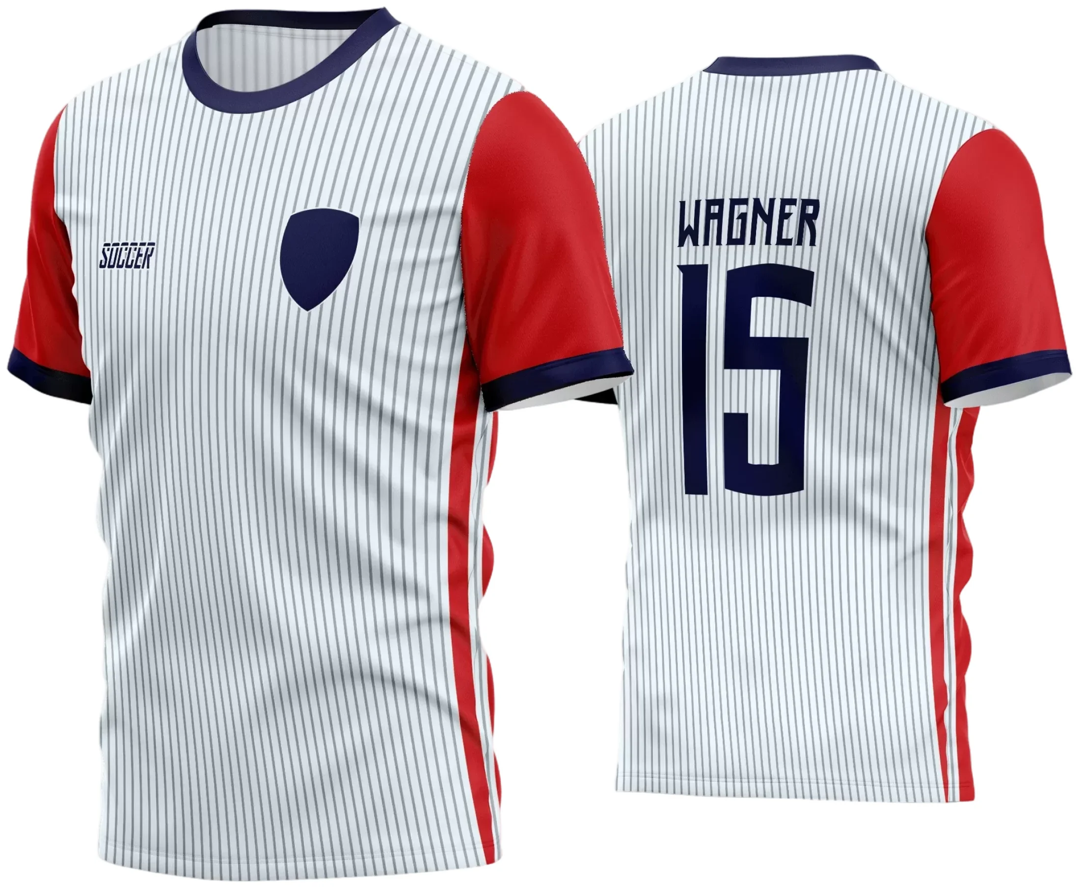 Camisa de time amador com logo no peito e estampa grande nas costas, apresentando design moderno e cores vibrantes que destacam a identidade da equipe em campo.