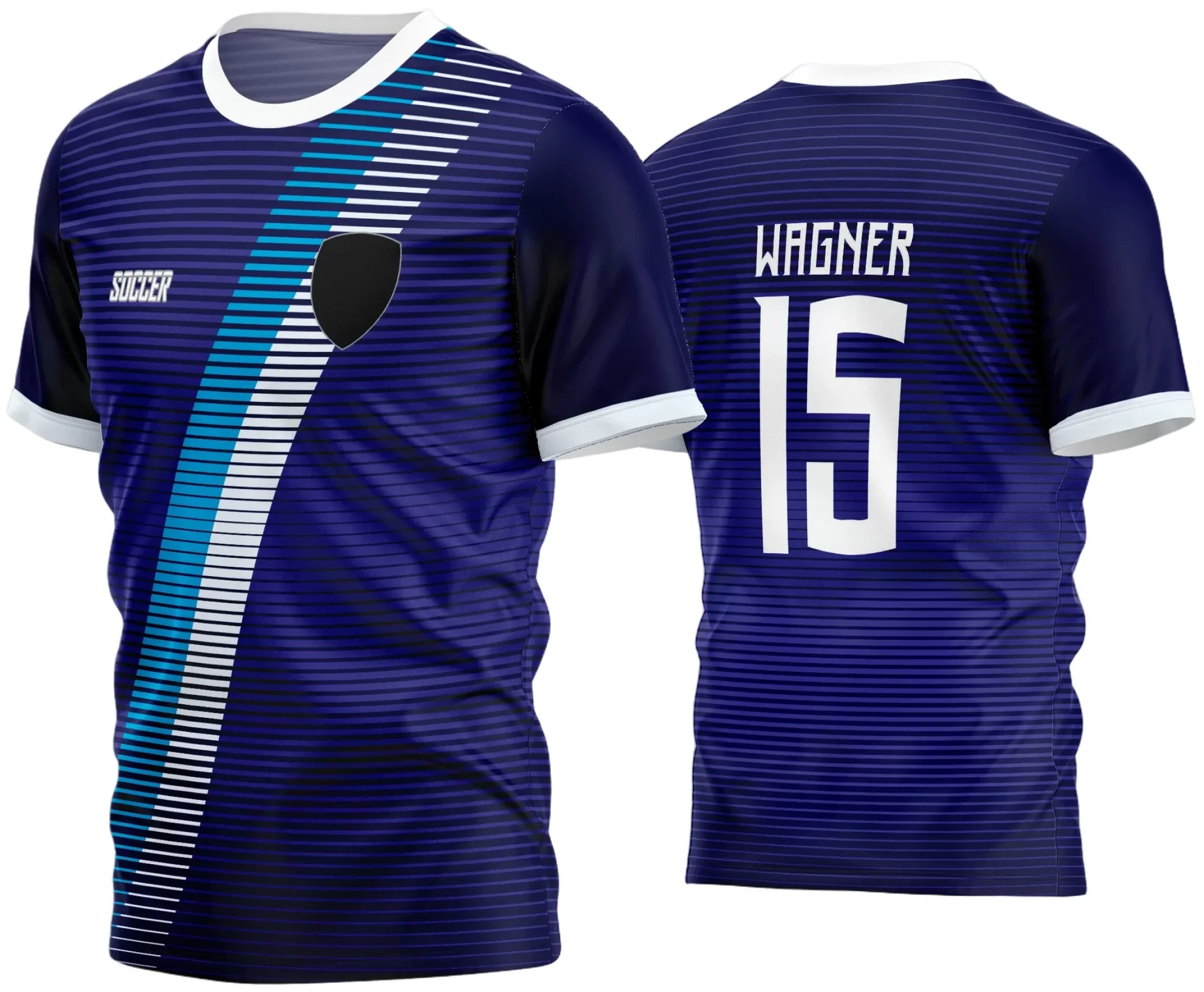 Camisa de time amador de futebol com logo no peito e estampa grande nas costas, exibindo cores vibrantes e estilo moderno para jogos e eventos esportivos amadores.