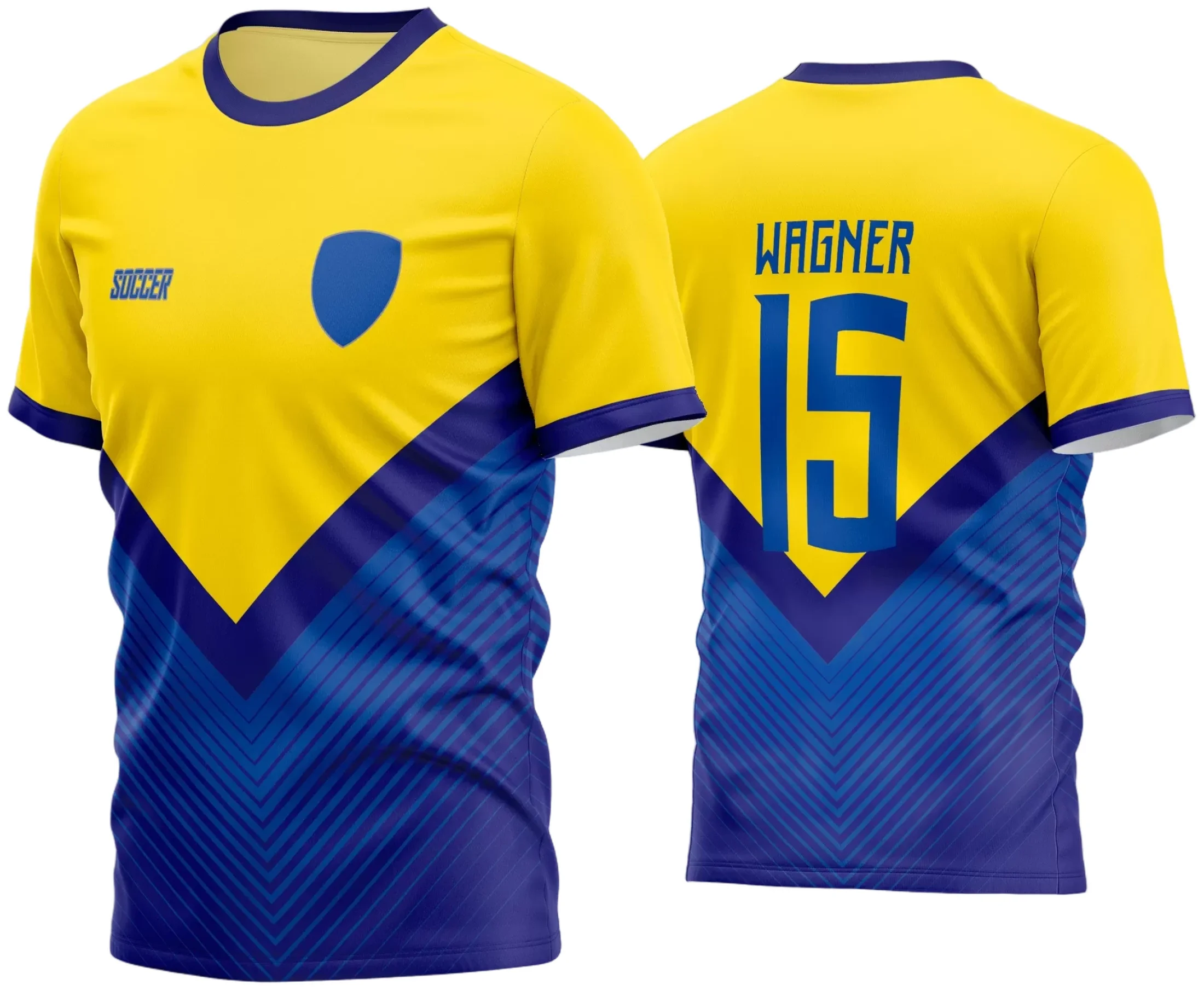Camisa de futebol amador 2024 com logo no peito e estampa grande nas costas, exibindo visual moderno, cores vibrantes e design esportivo perfeito para jogo e torcida.