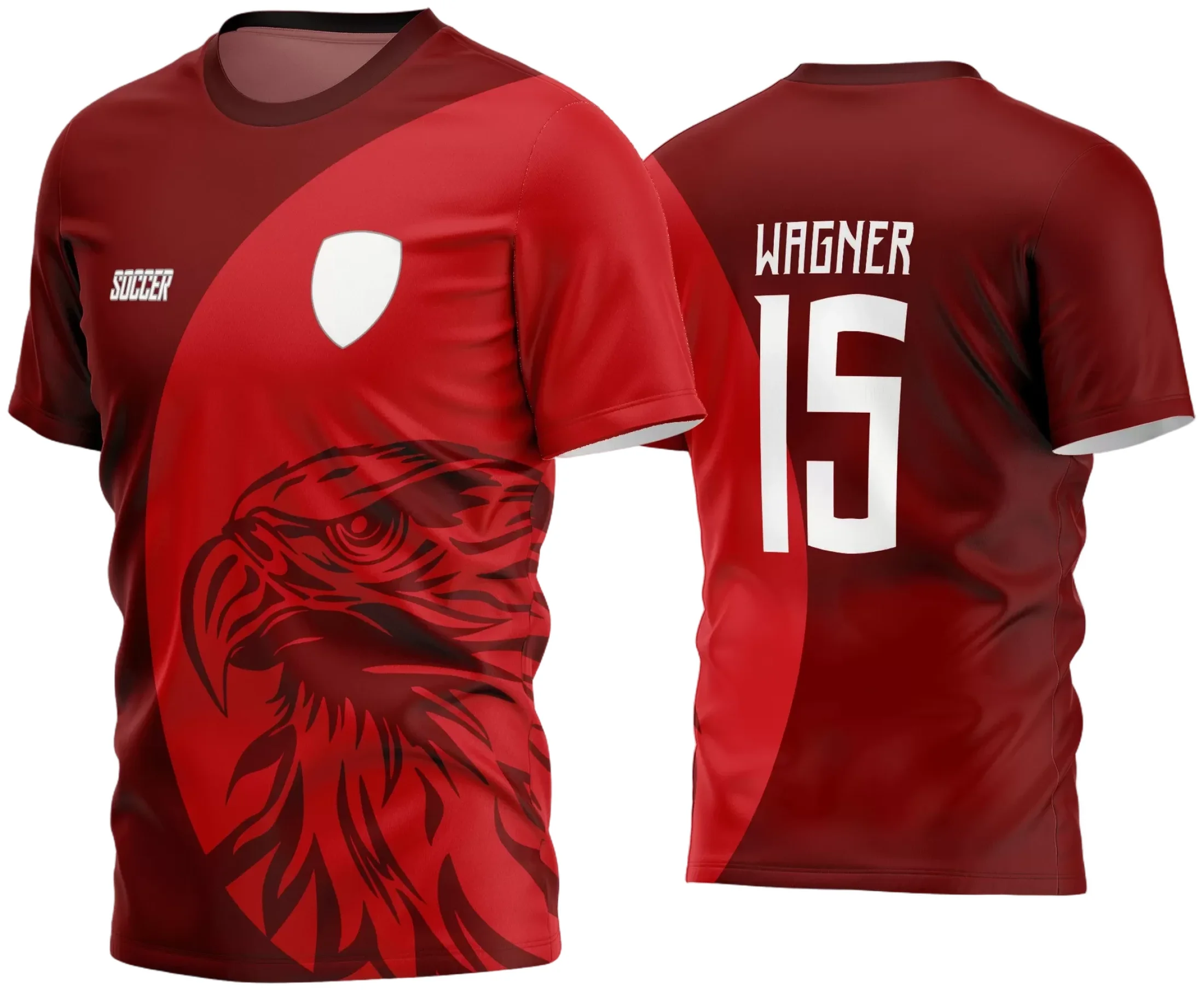 Camisa de futebol amador com logo no peito bem visível e estampa grande nas costas, exibindo um design moderno e vibrante para jogos e treinos do time.