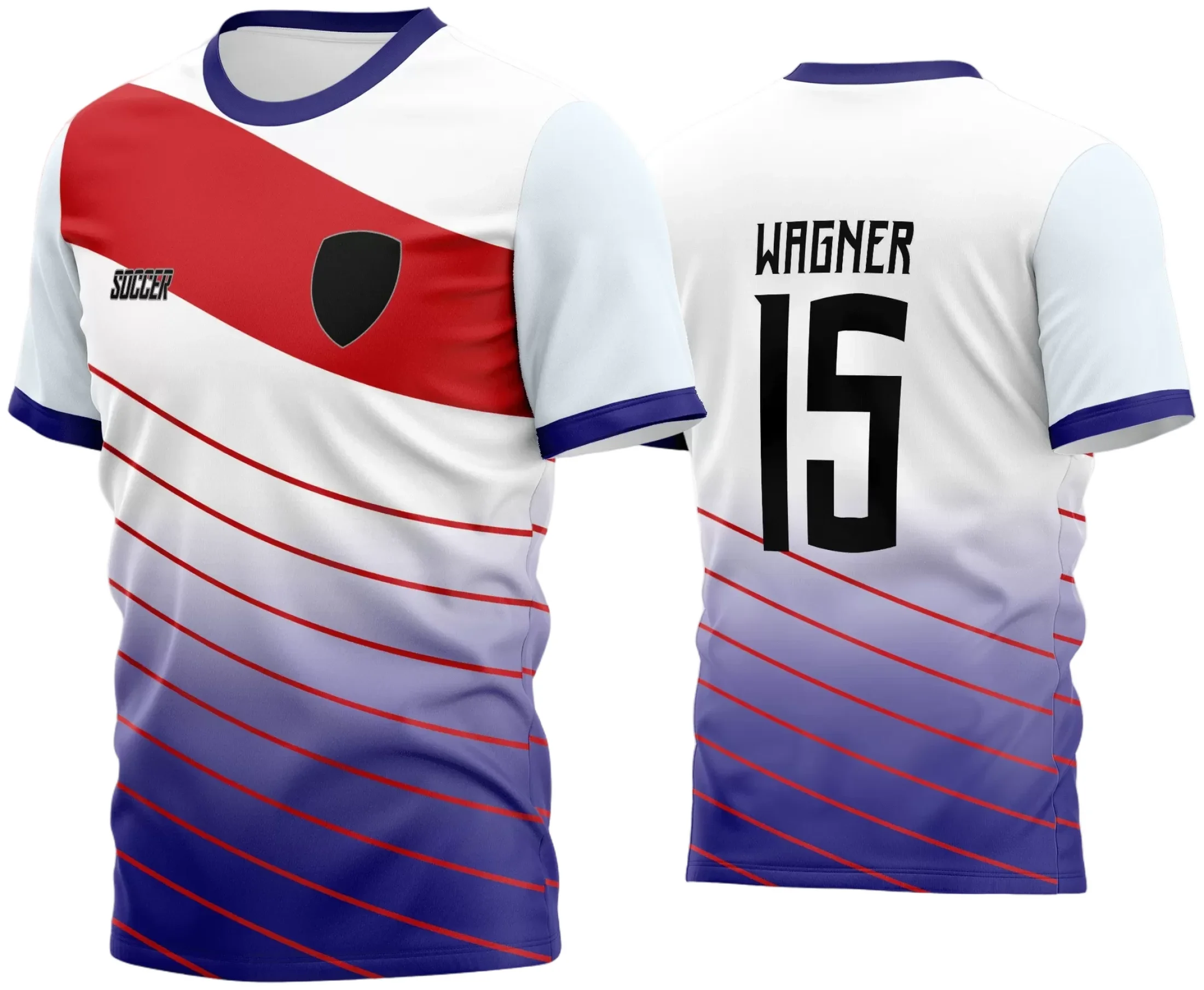 Camisa de futebol amador com logo no peito e estampa grande nas costas, design moderno com cores vibrantes e detalhes que valorizam o espírito do time.