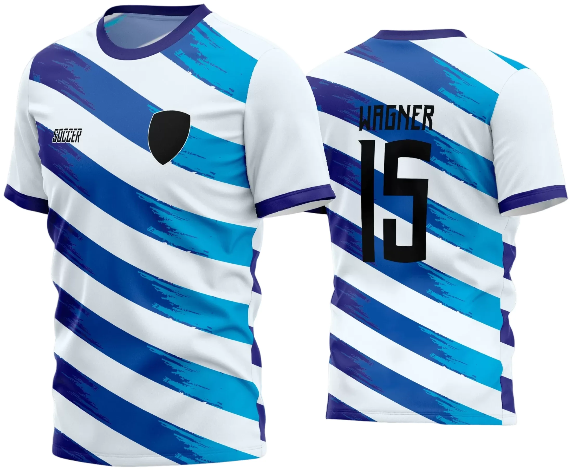 Camisa de futebol amador com logo no peito e estampa grande nas costas, design moderno com cores vibrantes ideal para times amadores que querem se destacar.