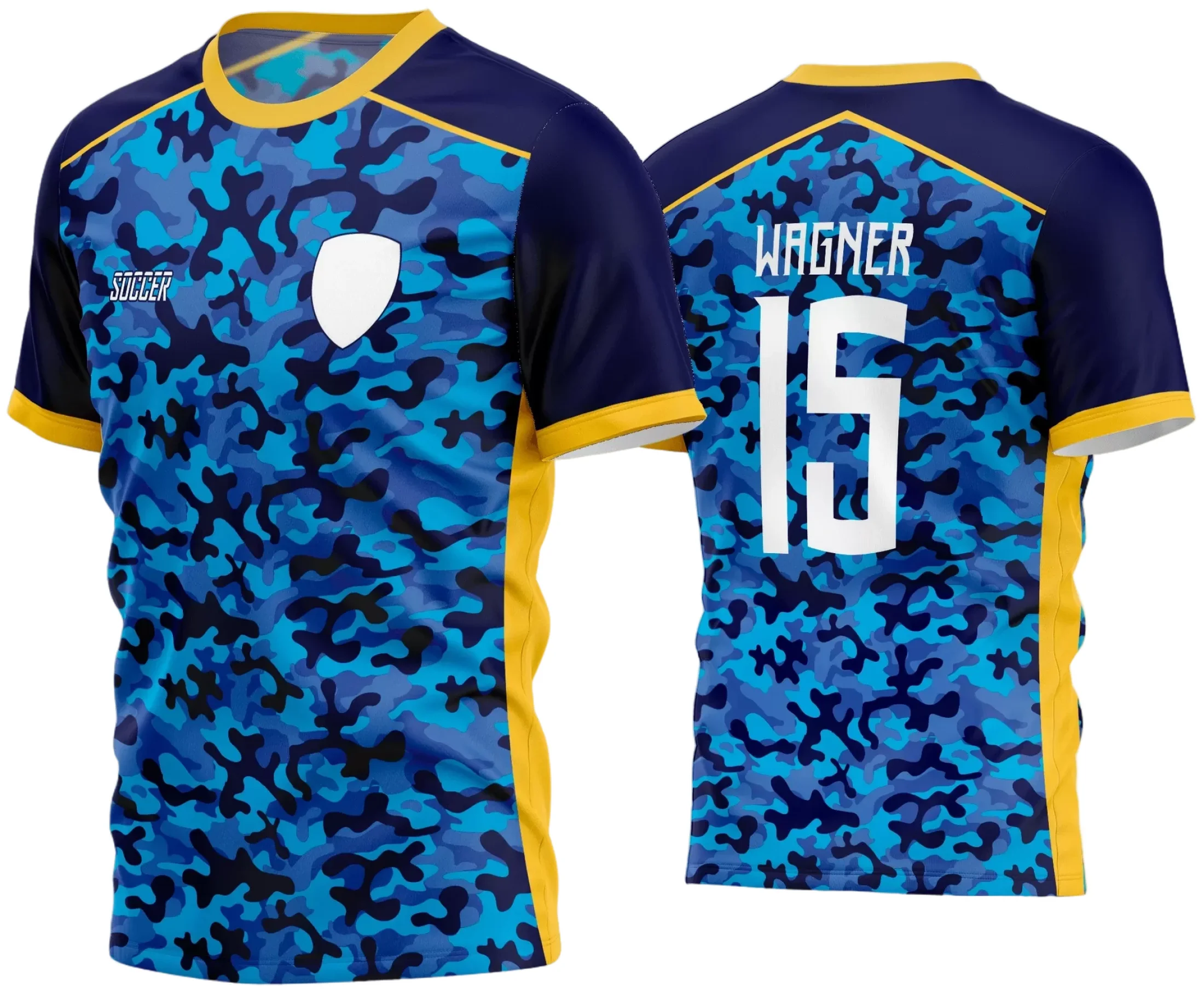 Camisa de futebol amador com logo no peito e estampa grande nas costas, design vibrante e esportivo com cores marcantes, perfeita para uniformizar times amadores com estilo e personalidade.