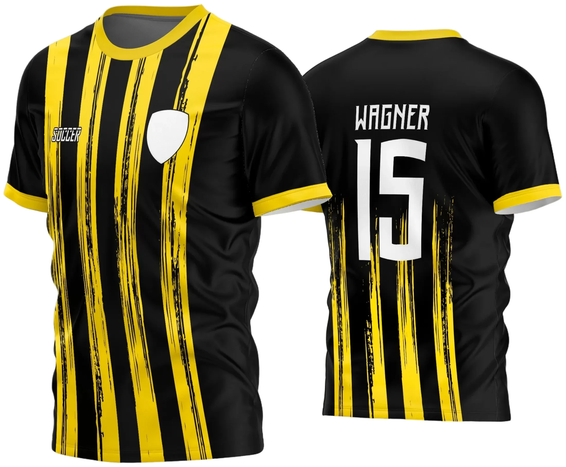 Camisa de futebol amador com logo no peito e estampa grande nas costas, projetada para destacar a identidade do time em partidas locais e eventos esportivos