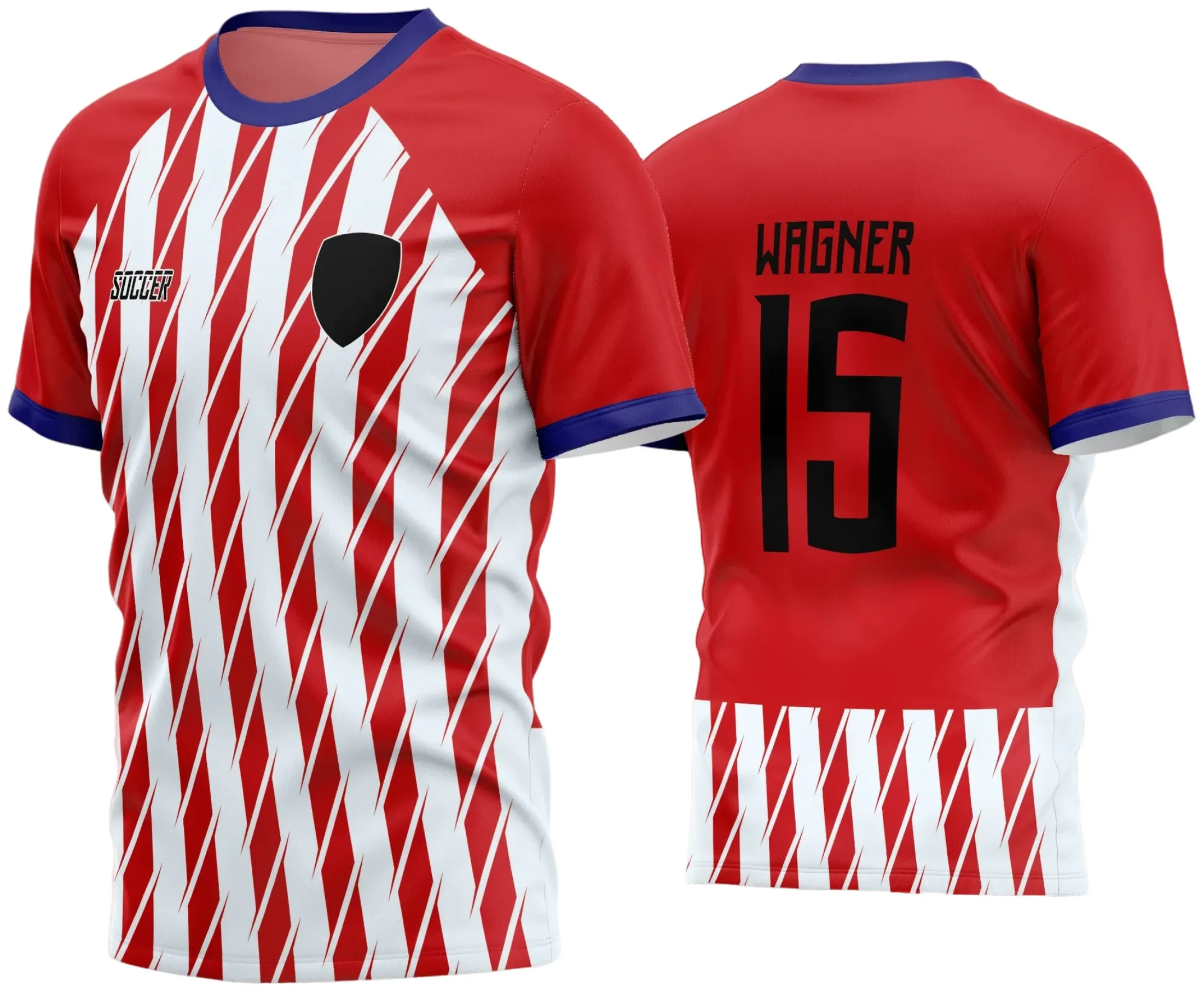 Foto da camisa de futebol amador com logo no peito e estampa grande nas costas mostrando design vibrante e moderno em cores contrastantes, ideal para times que buscam identidade marcante em jogos e treinamentos.