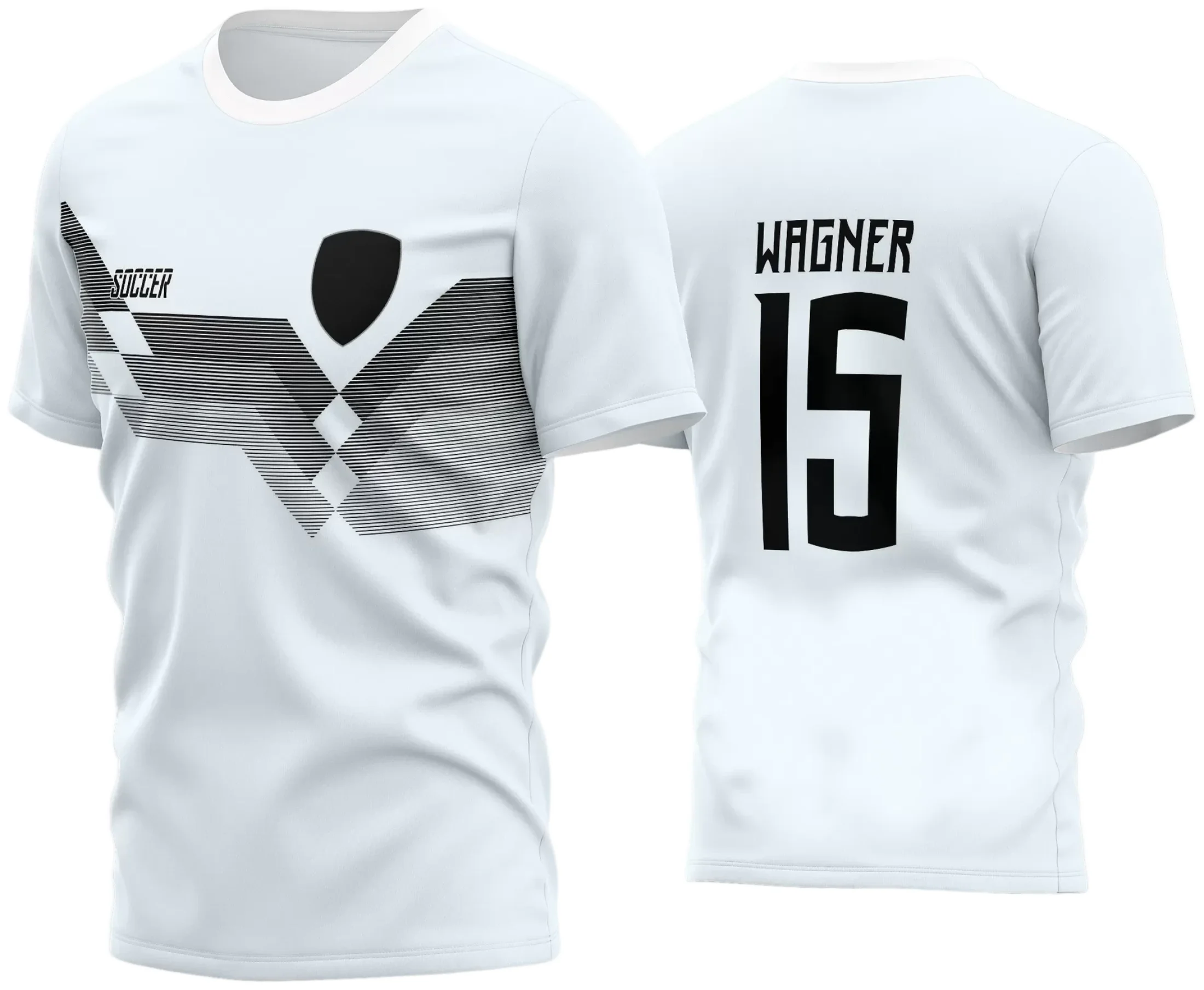 Camisa de futebol com logo no peito e estampa grande nas costas, ideal para time amador, destacando estilo moderno e identidade visual forte para o time.