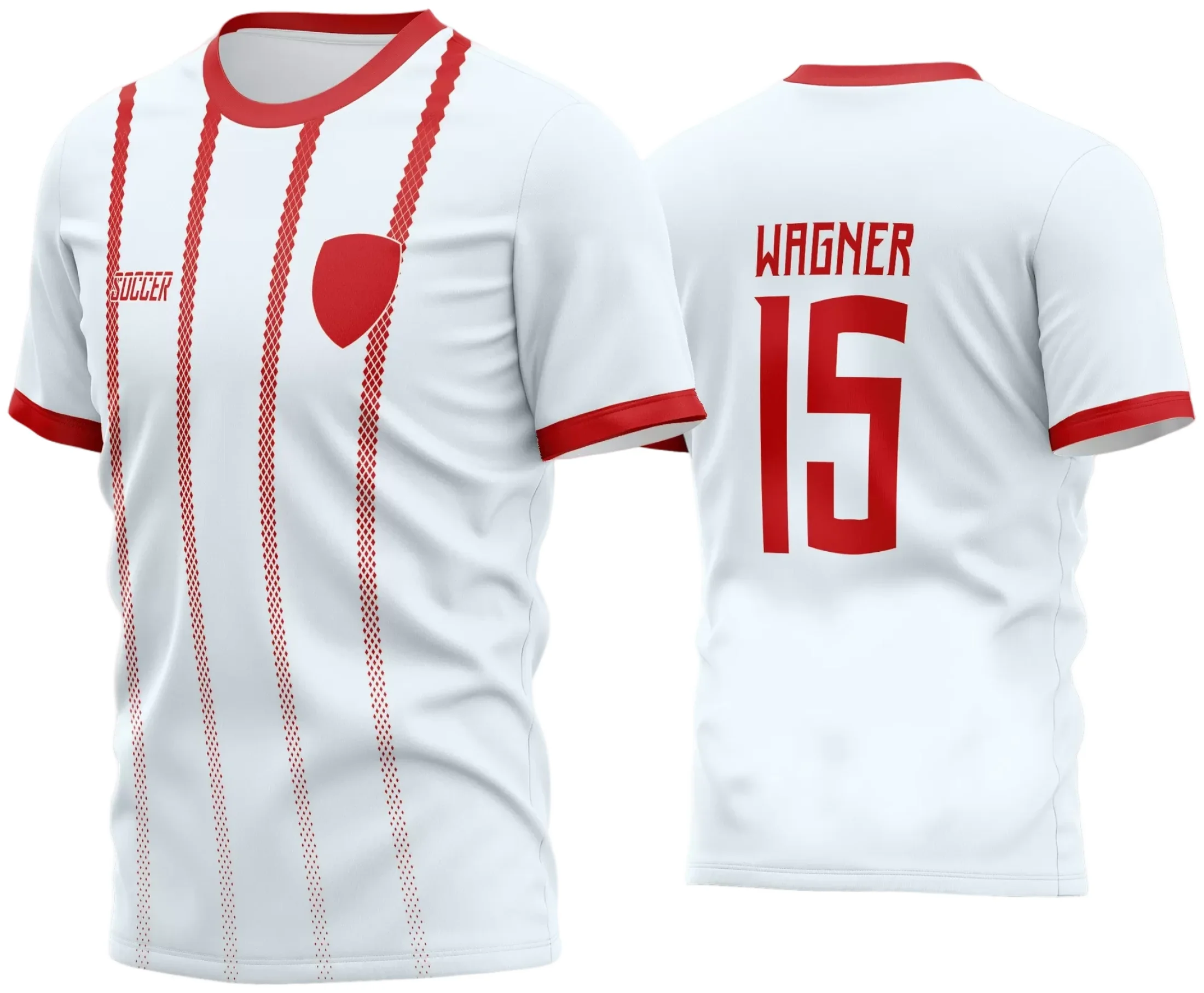 Camisa de futebol com logo no peito destacado e estampa grande nas costas vibrante, perfeita para times amadores que buscam identidade e estilo no campo.