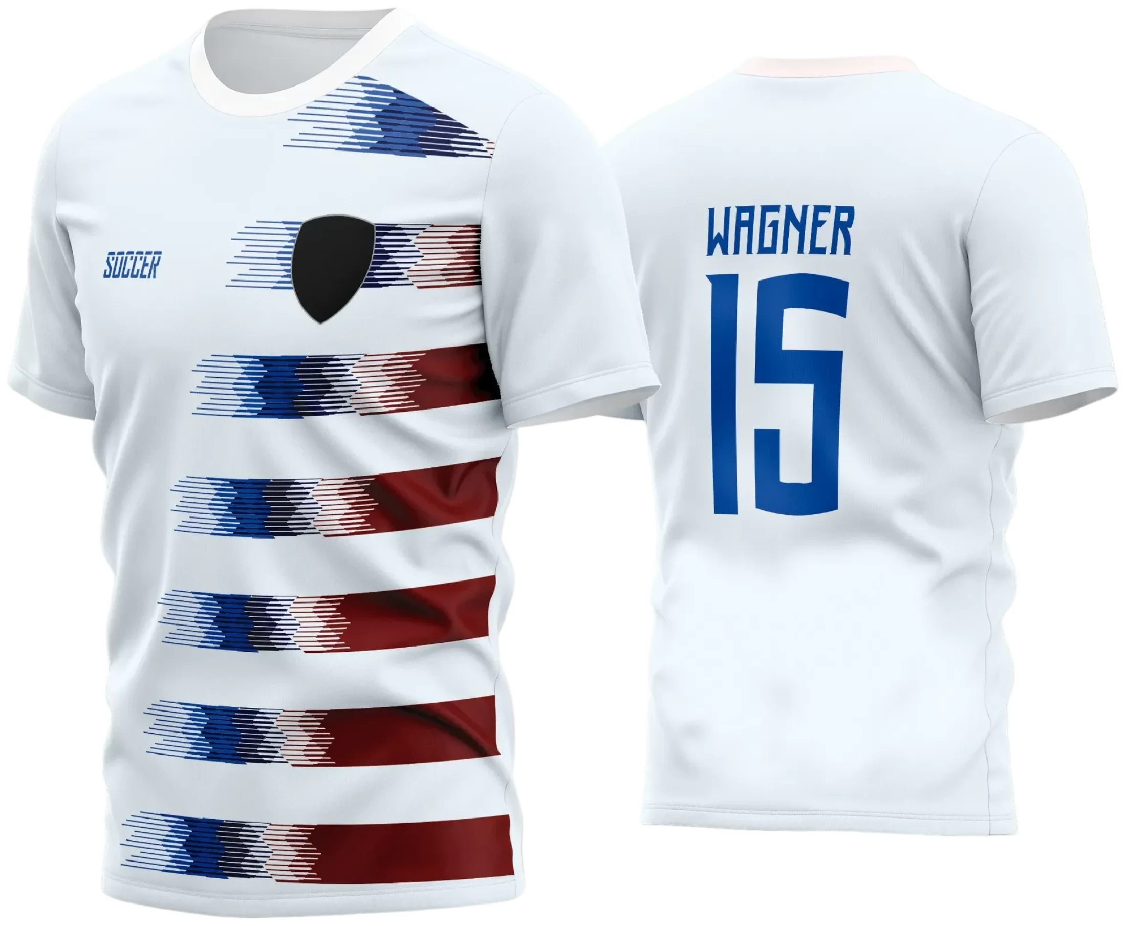 Camisa de time amador de futebol com logo no peito e estampa grande nas costas em design moderno e vibrante, ideal para uso esportivo em equipes amadoras ou eventos de futebol em 2024.