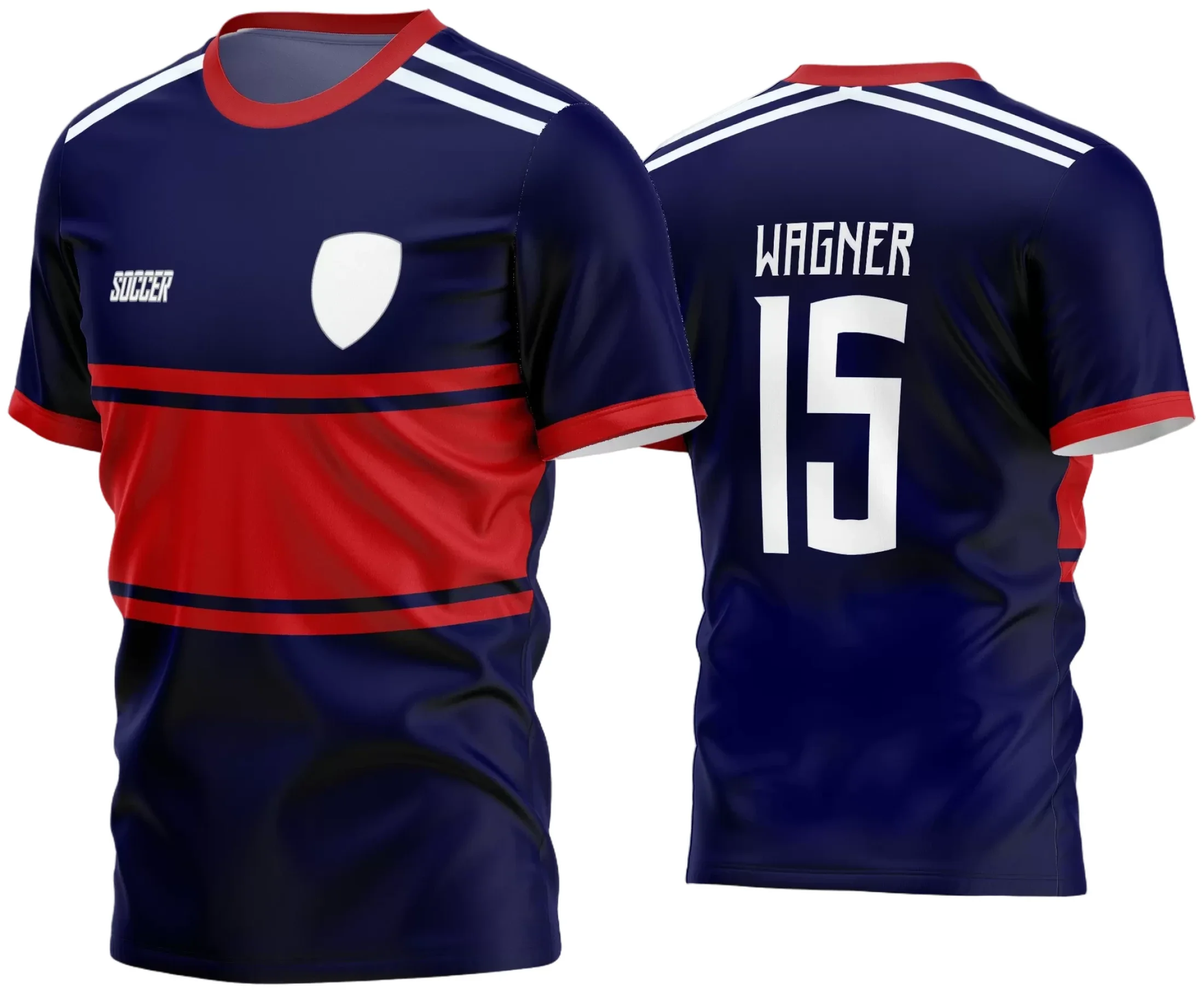 Camisa de futebol amador com logo no peito e estampa grande nas costas, destaque para design moderno e cores vibrantes que remetem ao espírito de equipe e paixão pelo esporte.