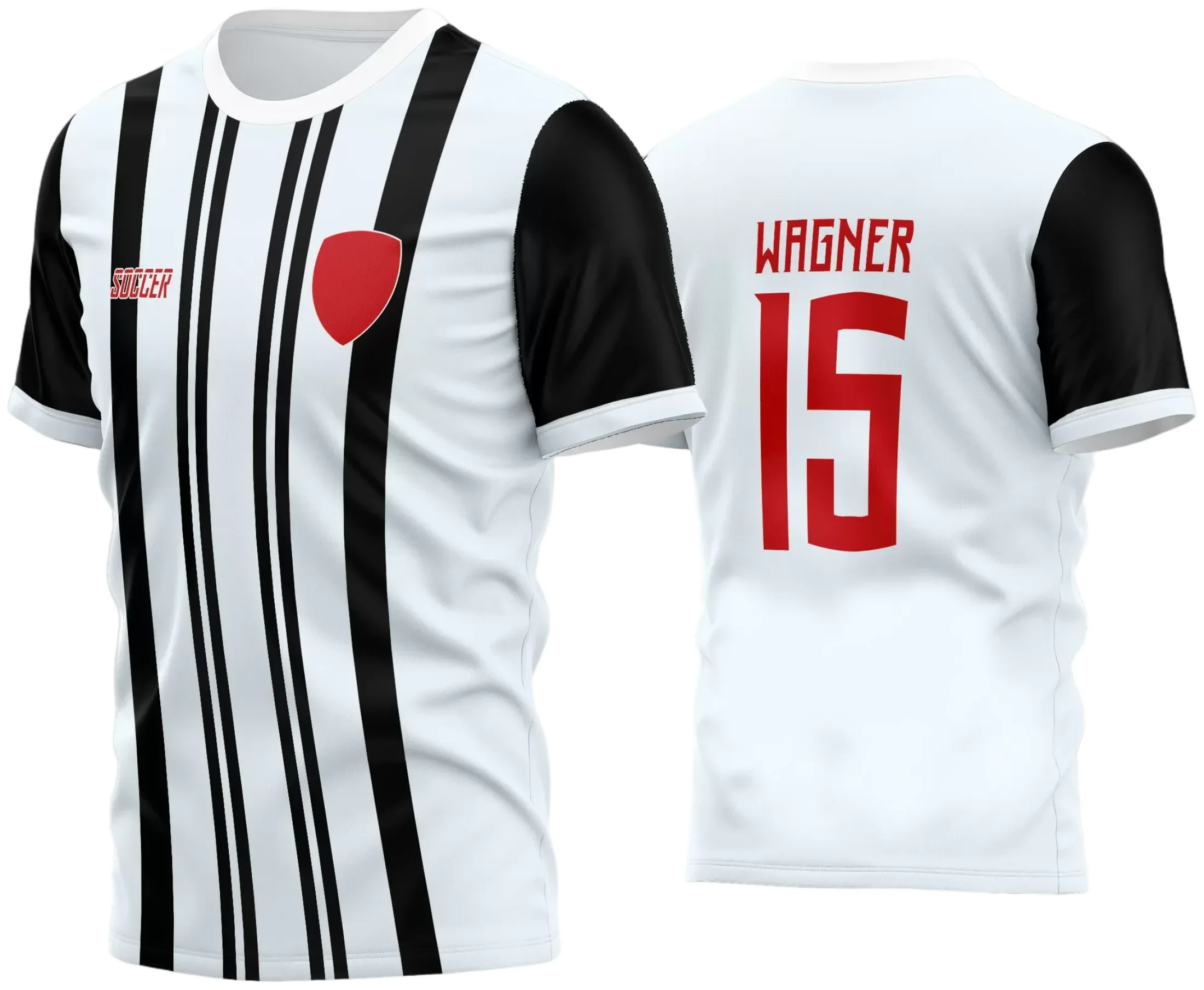 Camisa de futebol amador com logo no peito personalizado e estampa grande nas costas que destaca o nome e número do atleta, mostrando um design moderno e vibrante, ideal para times amadores em 2024.