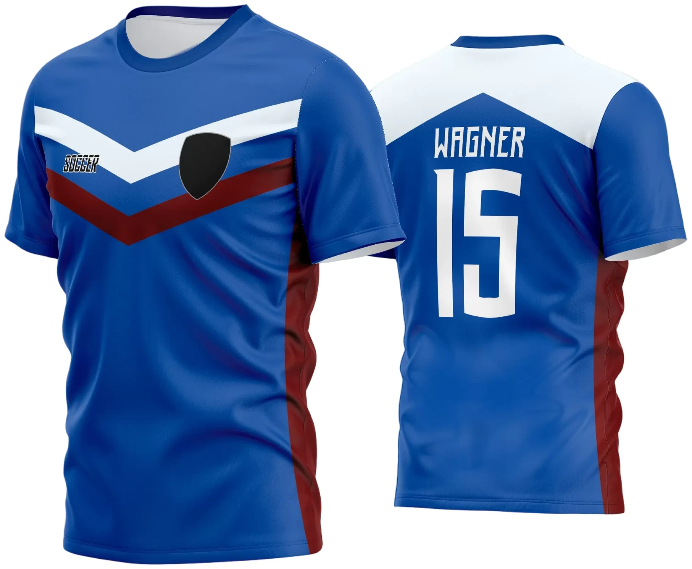 Camisa de futebol amador com logo no peito e estampa grande nas costas, ideal para times que buscam estilo e identidade personalizada em campo, com cores vibrantes e design moderno.