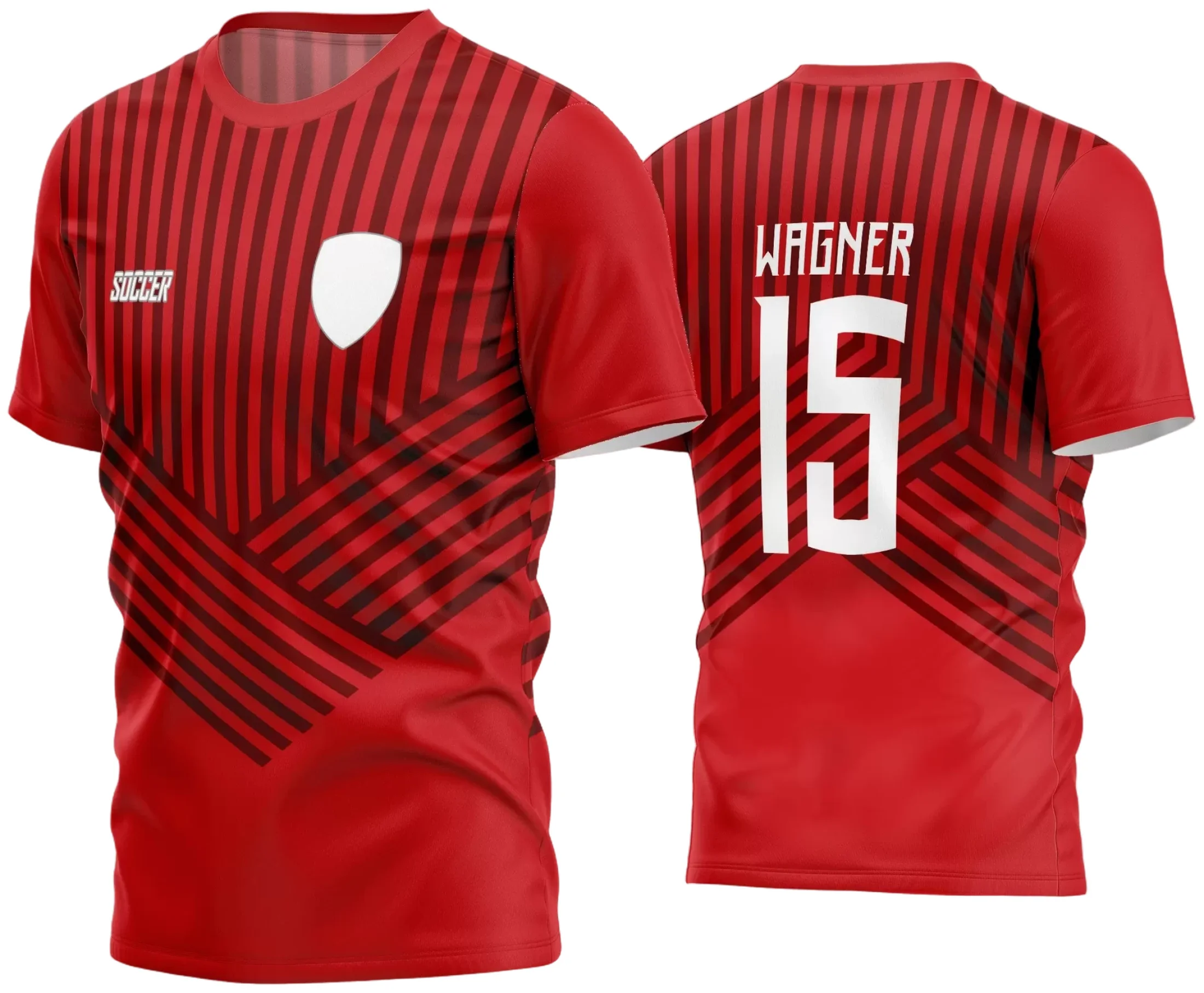 Camisa de time amador de futebol com logo no peito e estampa grande nas costas em cores vibrantes, design moderno ideal para jogos e treinos.
