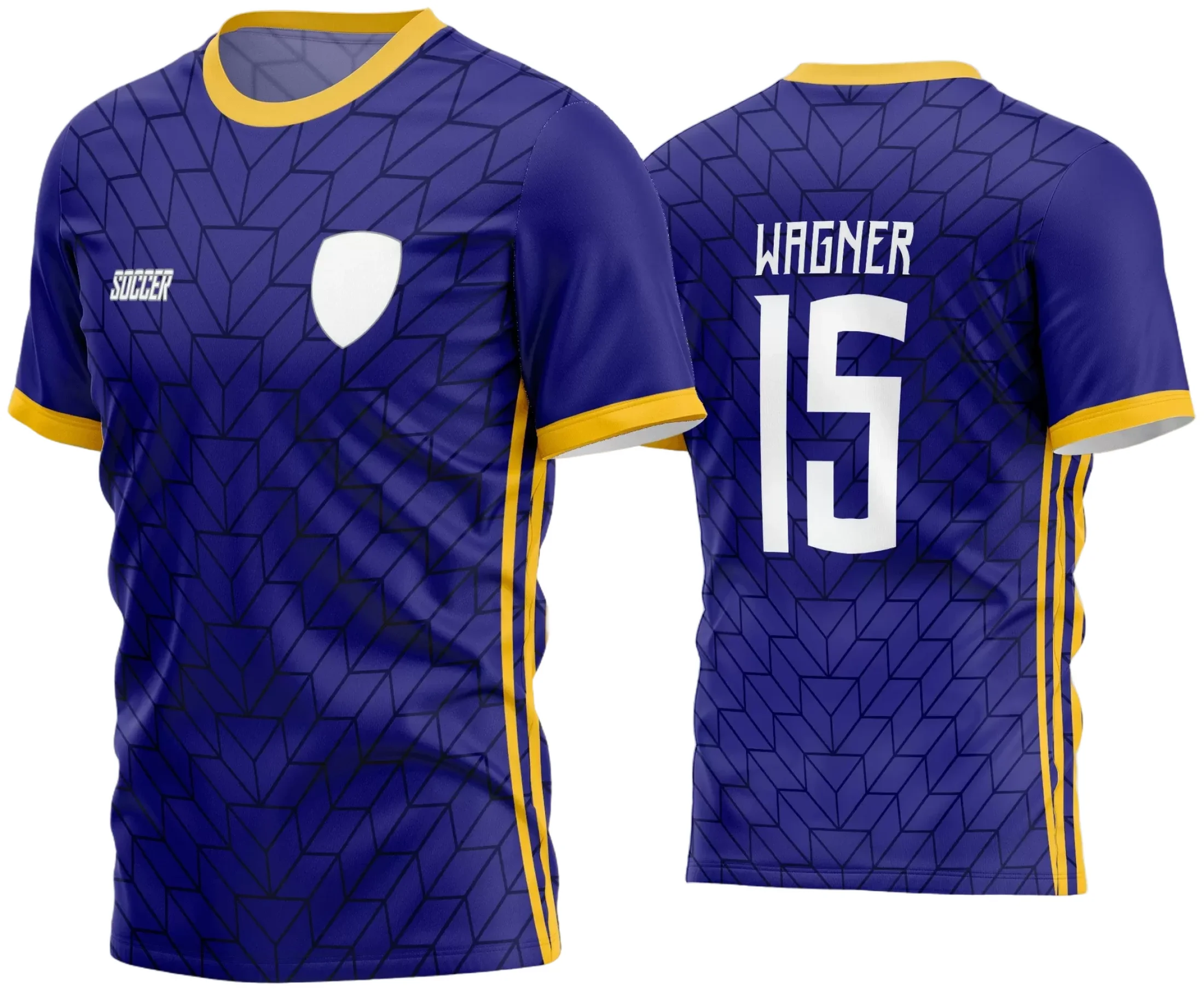 Camisa de futebol amador com logo no peito e estampa grande nas costas, destacando cores vibrantes e design moderno que transmite união e espírito esportivo para seu time em 2024.