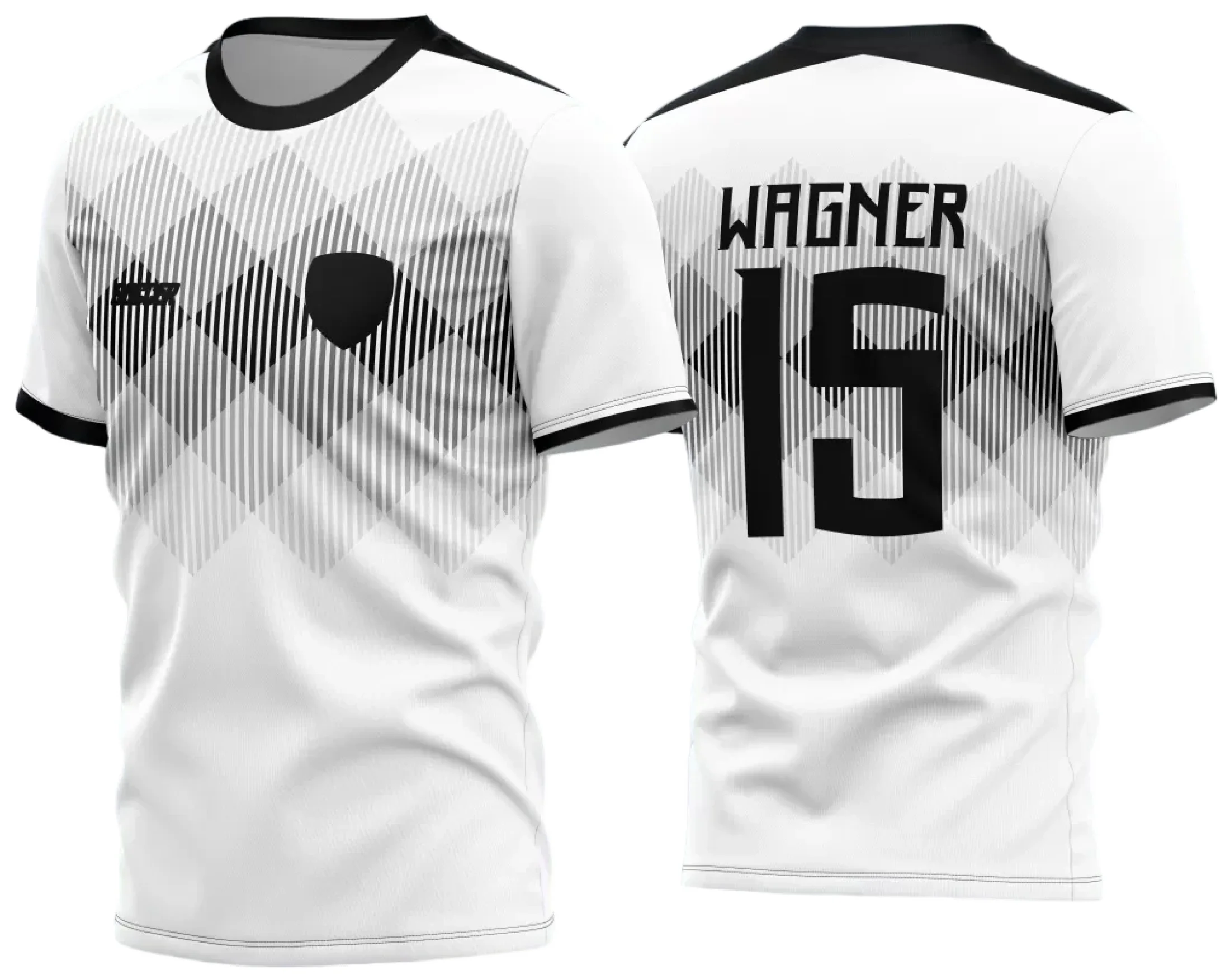 Camisa de futebol amador com logo no peito e estampa grande nas costas exibindo design moderno e vibrante ideal para times que buscam identidade única em campo