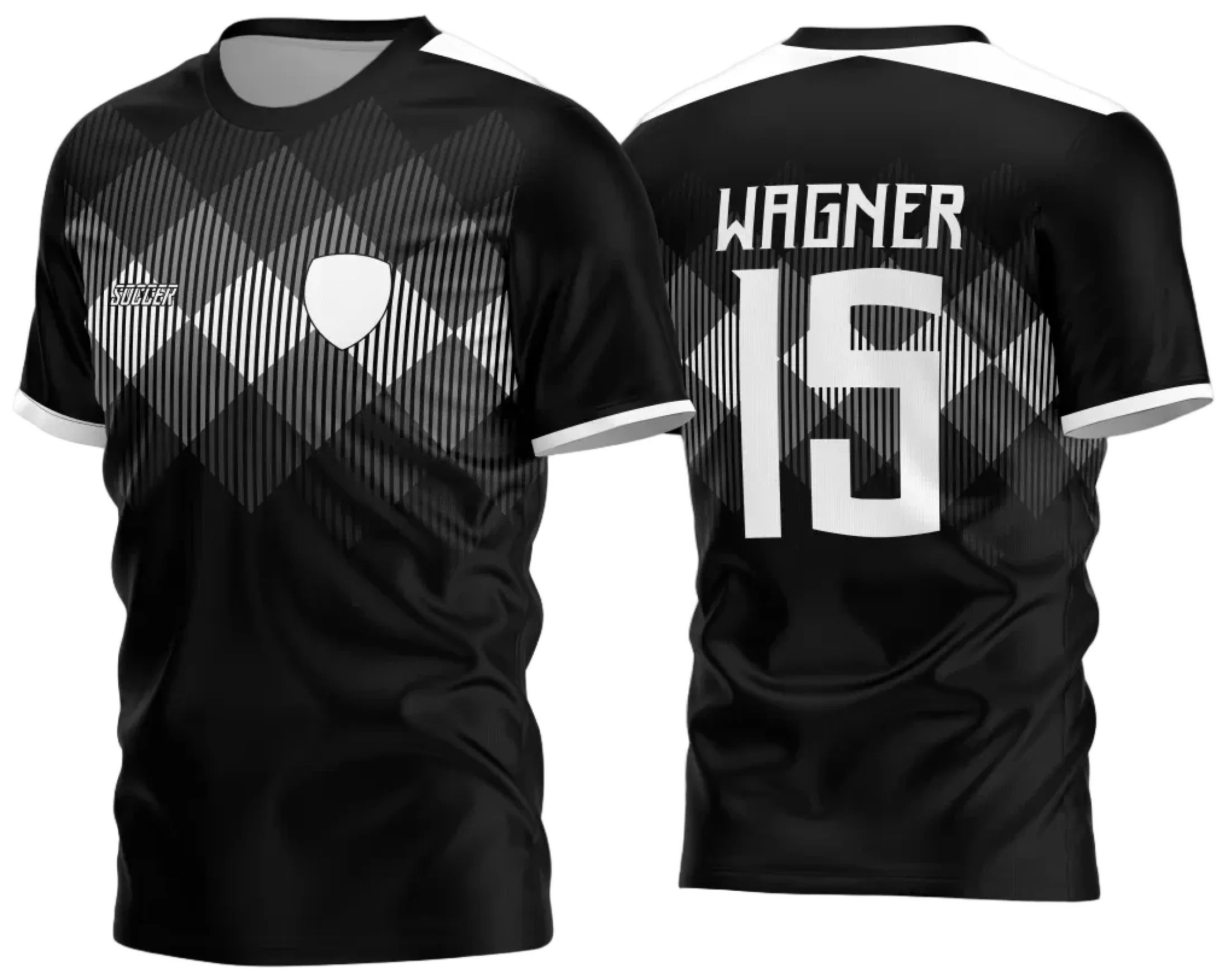 Camisa de futebol amador com logo no peito e estampa grande nas costas, em cores vibrantes que destacam a equipe durante o jogo e oferecem visual moderno e diferenciado.