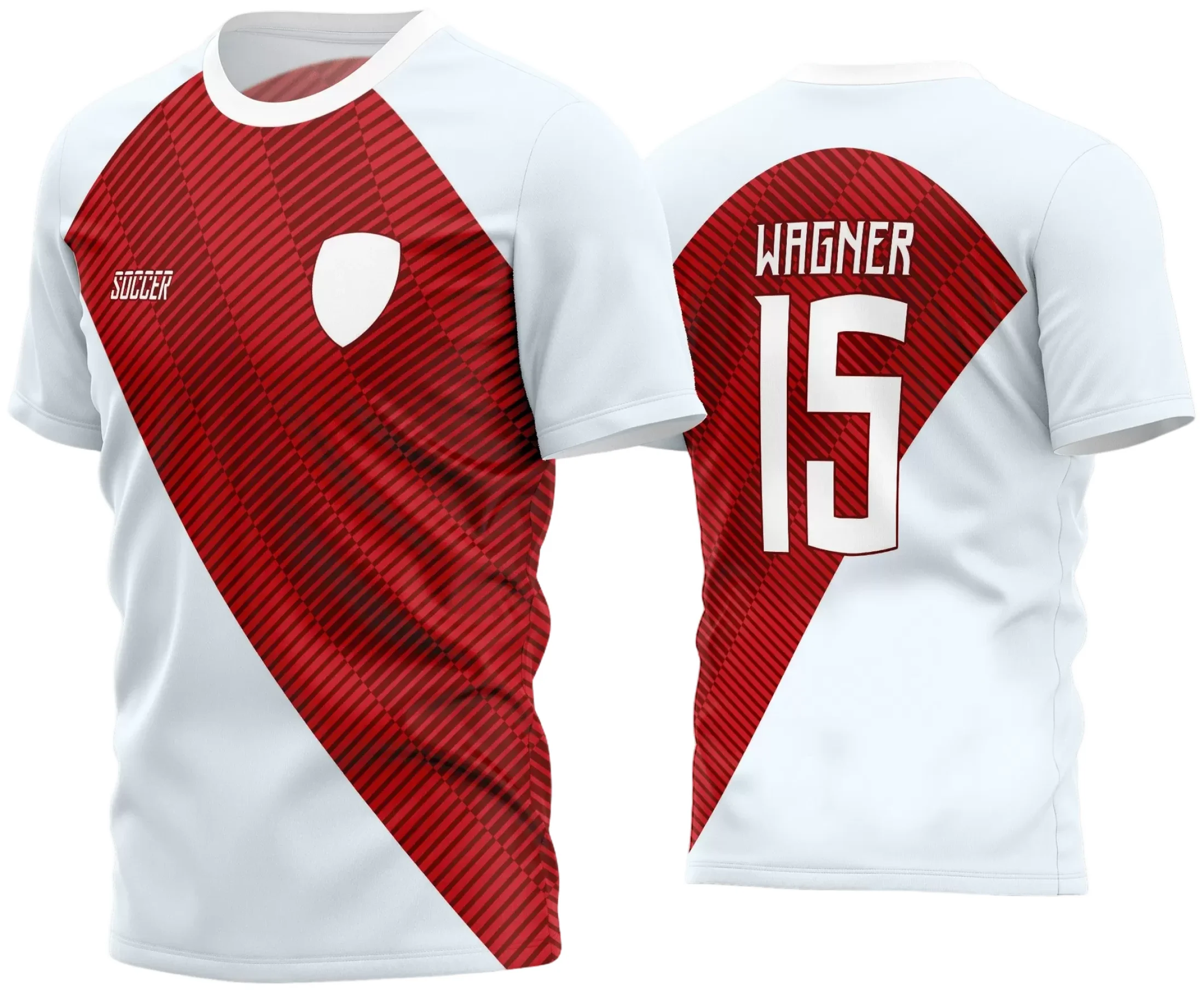 Camisa de futebol amador mostrando logo no peito e estampa grande nas costas, ideal para times que buscam identidade e estilo marcante em campo.